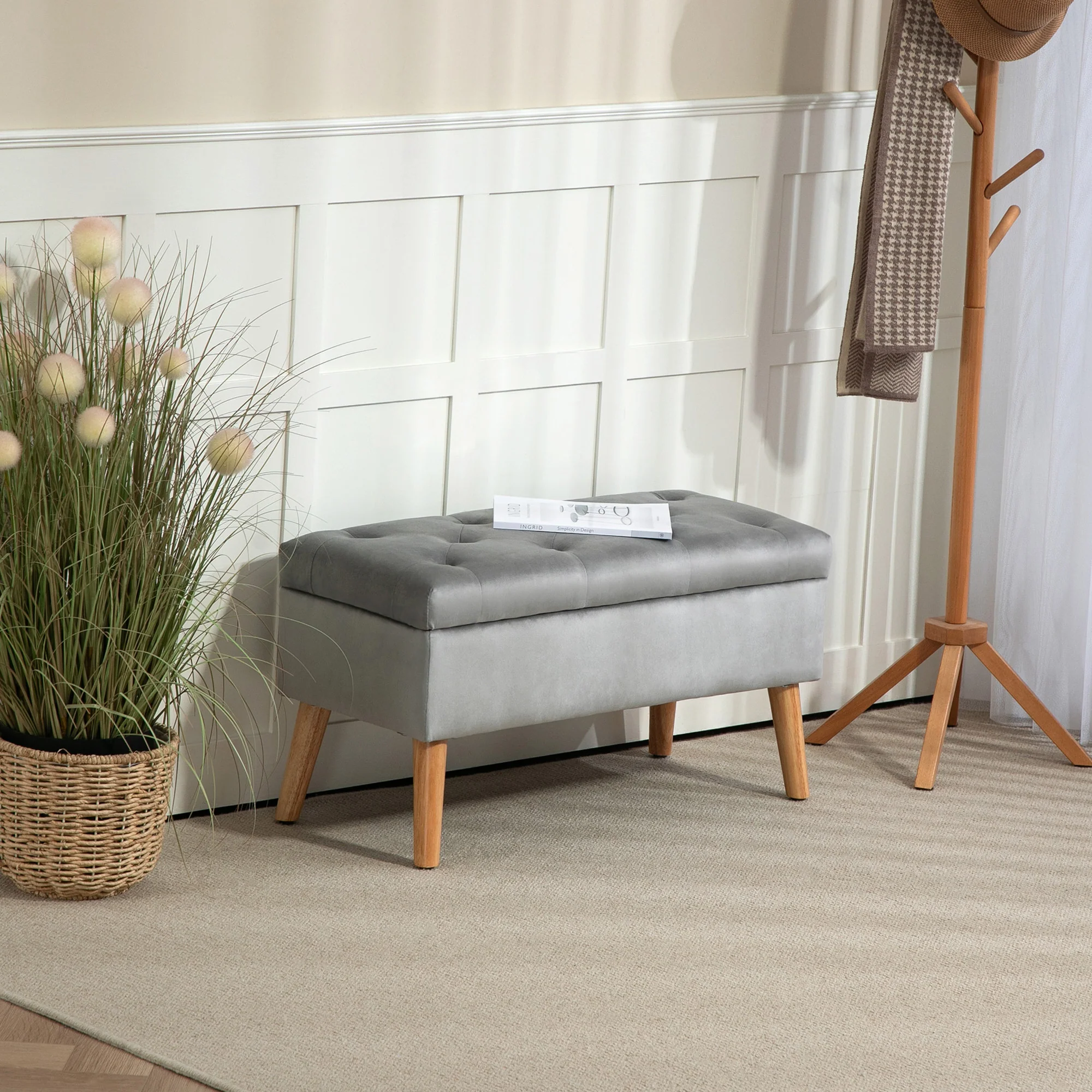 HOMCOM Polsterbank mit Stauraum Samtoptik elegantes Design grau