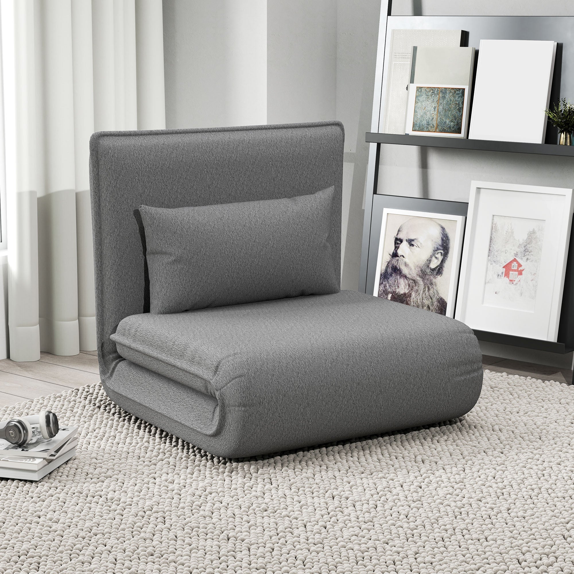 HOMCOM Bodensofa 3-in-1 klappbar mit Schlaffunktion Dunkelgrau