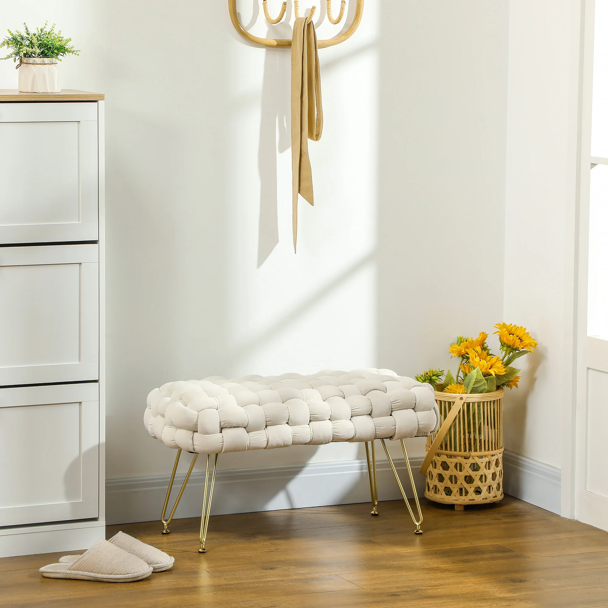 HOMCOM Polsterbank Sitzhocker Samtoptik Kreuzwebtechnik cremeweiß