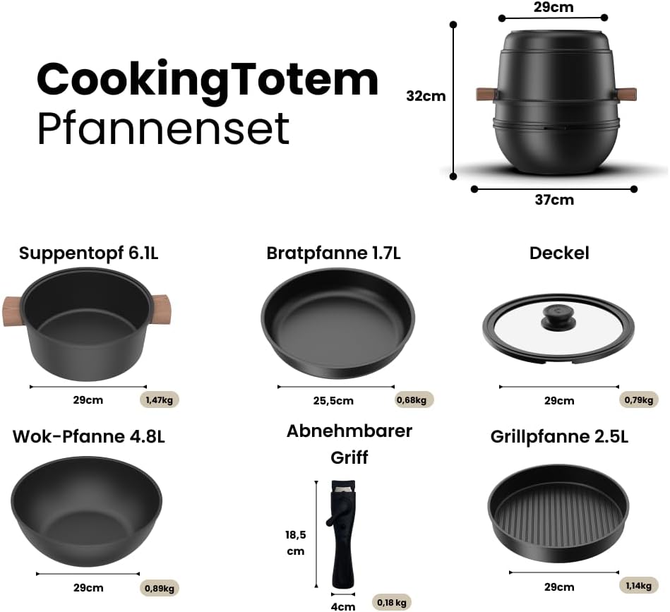 CookingTotem Luxus Topfset Induktion - Stapelbares Kochgeschirr-Set, Keramik-Antihaftbeschichtung, Abnehmbarer Griff, Ofenfest, Kochtopf Set, Töpfe & Pfannen Set, PFAS-frei, Topfset beschichtet