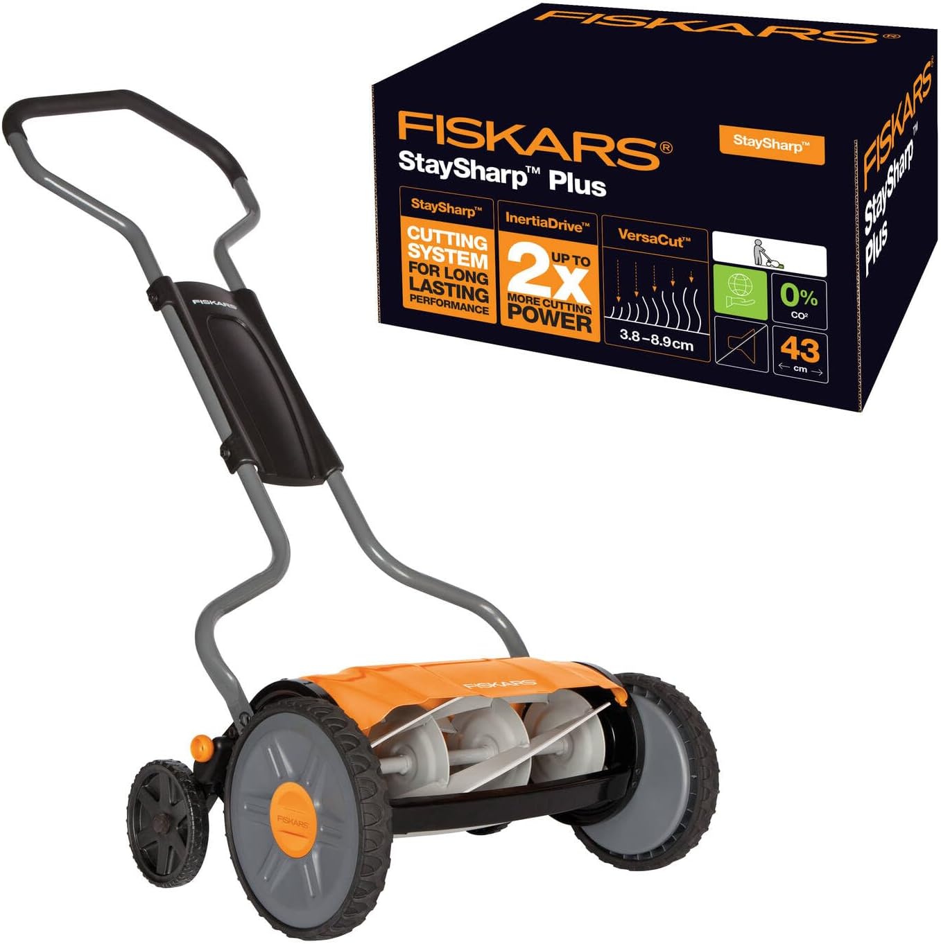 Fiskars Spindelmher, Rasenmher mit berührungslosem Schneidesystem, Schnittbreite: 43 cm, StaySharp Plus, Schwarz/Orange/Silber, 1015649