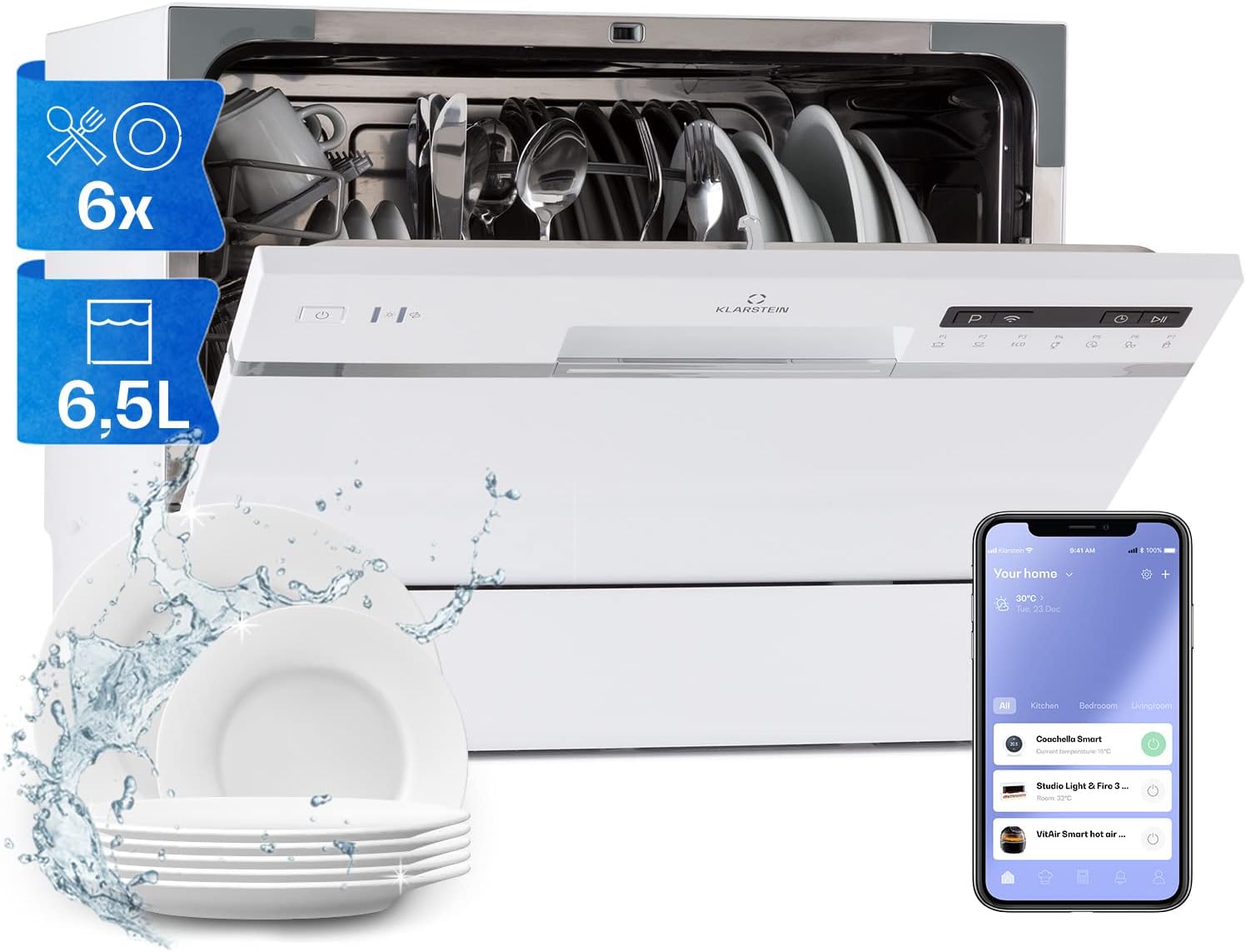 Klarstein ia 8 - Spülmaschine, Geschirrspüler, Freistehend, Teilintegriert, F, 55 cm breit, 8 Maßgedecke, 6 Programme, Aquastop, silber