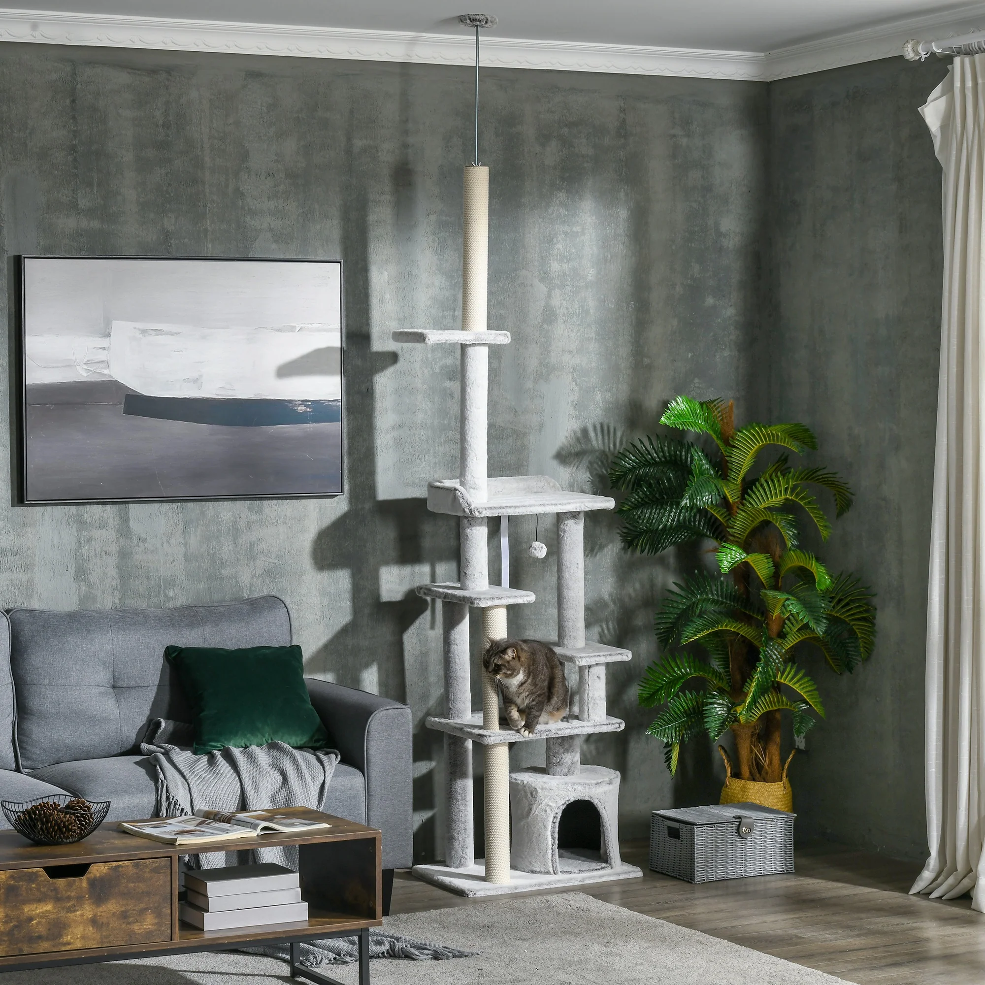 PawHut Deckenhoher Kratzbaum 225–255 cm Hellgrau mit Kippschutz
