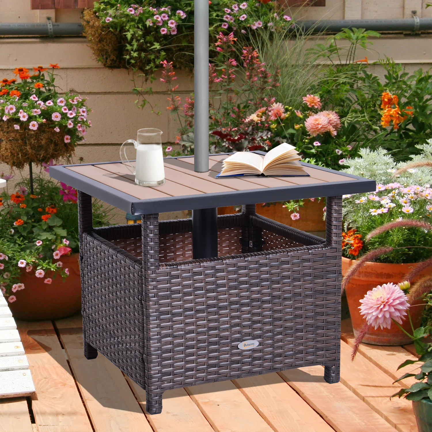 Outsunny Gartentisch mit Schirmständer Polyrattan Braun