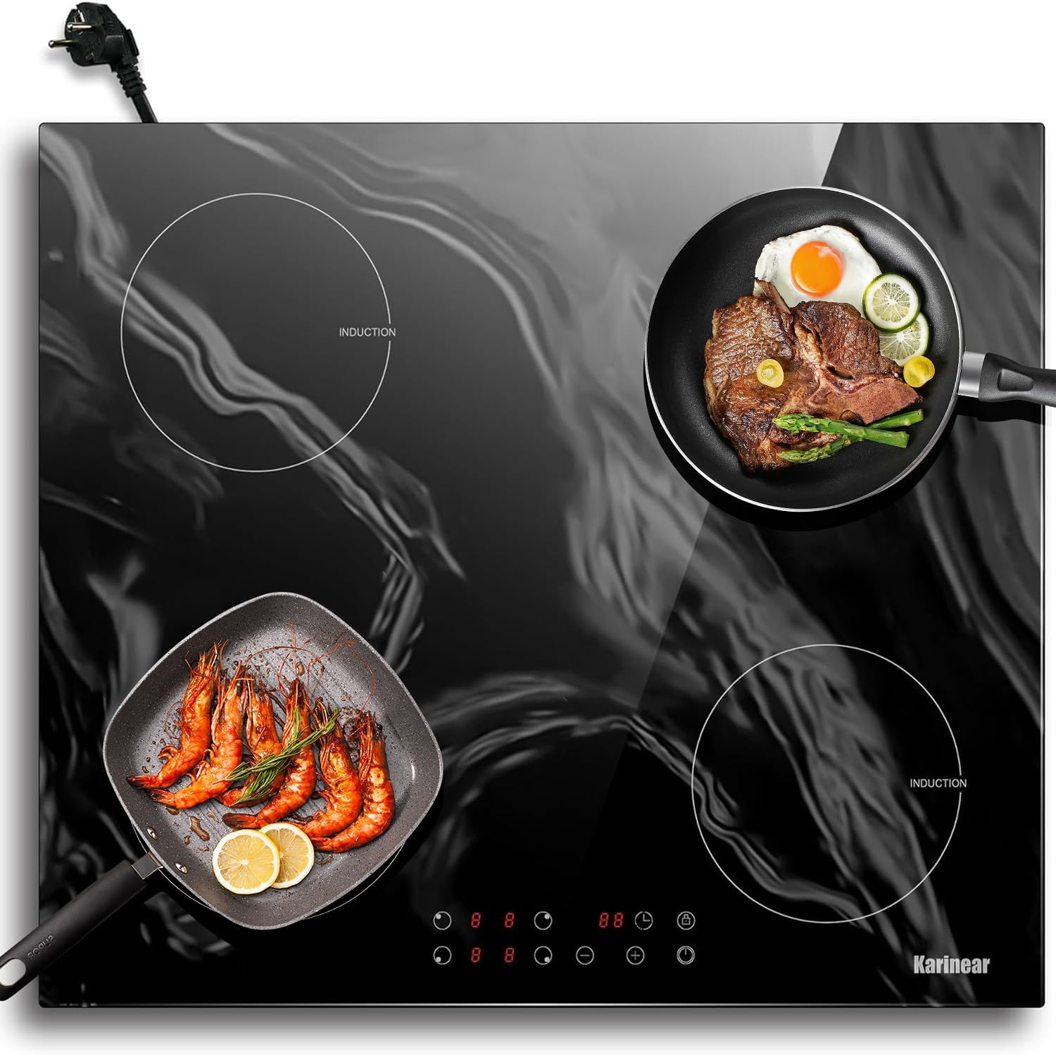 Karinear Induktionskochfeld 60 cm mit Stecker, Autarkes 4 Platten Einbau Touch-Bedienung, 9 Heizstufen, 1-99Min Timer, Kindersicherung, Automatische Abschaltung, 3500W, 220-240V