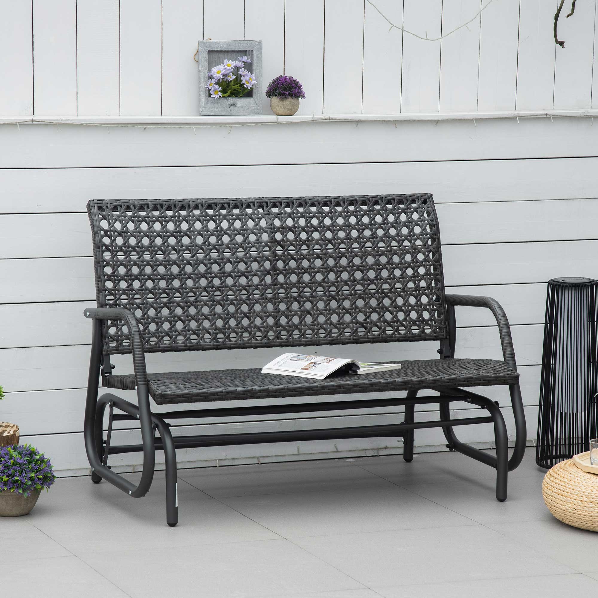 Outsunny Polyrattan Schaukelbank 2-Sitzer Outdoor Terrasse Garten Loveseat Gartenschaukel mit Rückenlehne Sitzbank Parkbank Grau 70 x 120 x 84 cm