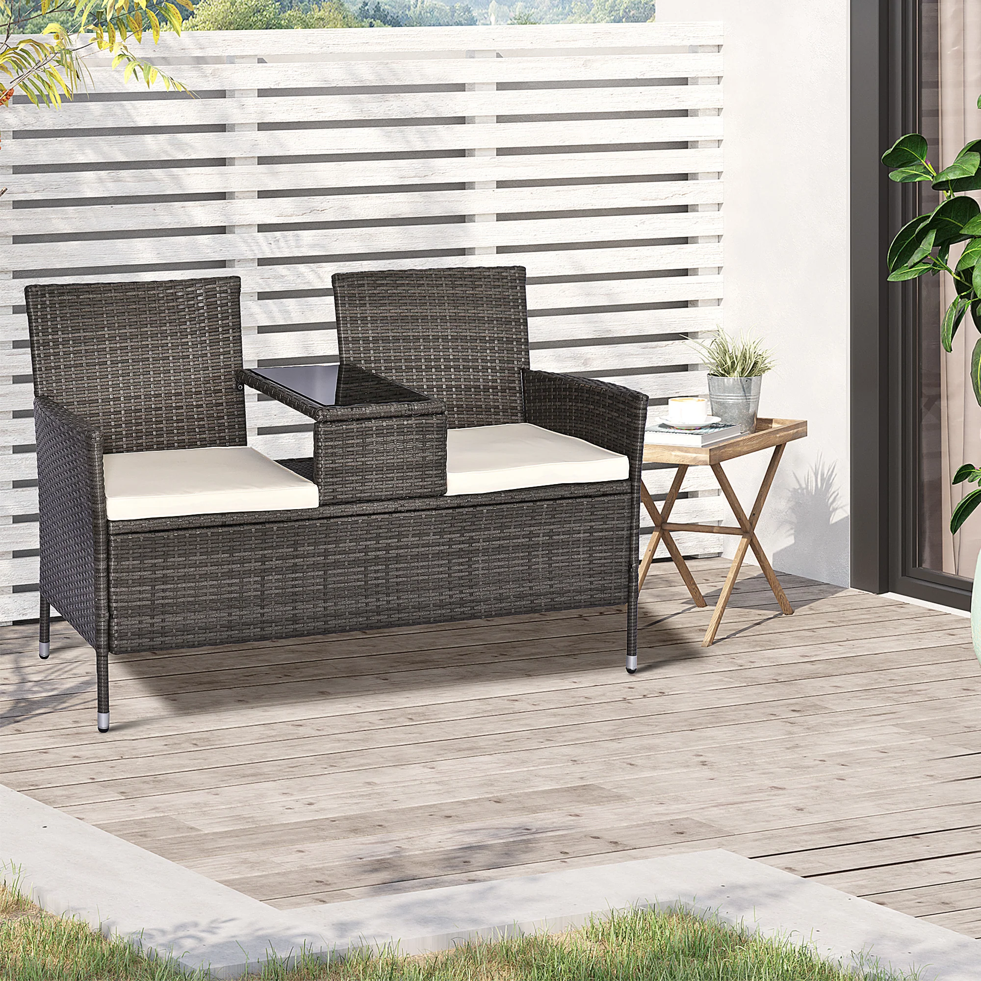Outsunny Polyrattan Gartenbank 2-Sitzer mit integriertem Tisch Outdoor