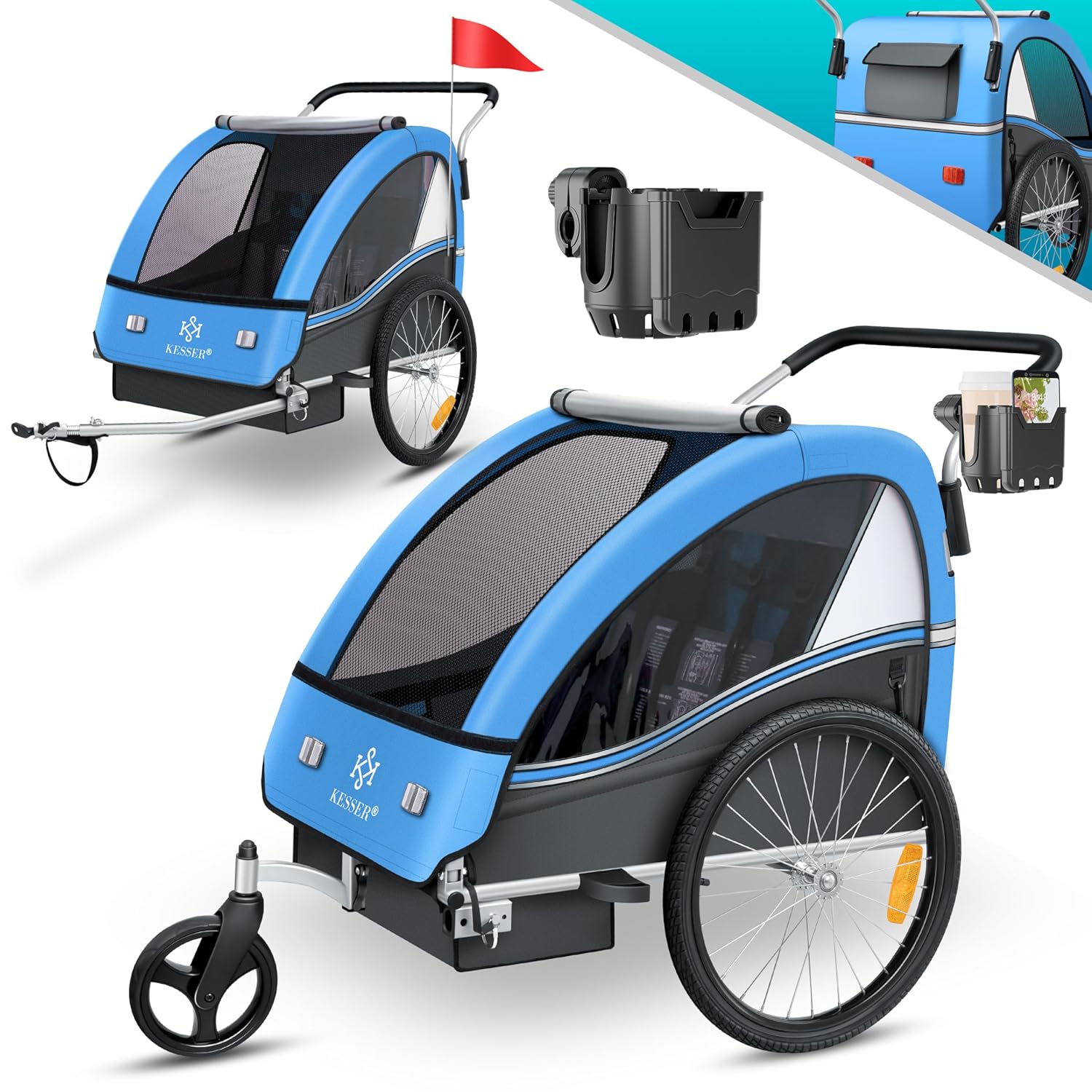 KESSER Kinderfahrradanhänger Sport-RX 2in1 Jogger & Buggy 5-Punkt-Gurt Sicherheitsgurt 360° Vorderrad Kinderfahrradanhänger Reflektoren für 1-2 Kinder (max. 40 kg) Getränkehalter & Smartphonefach