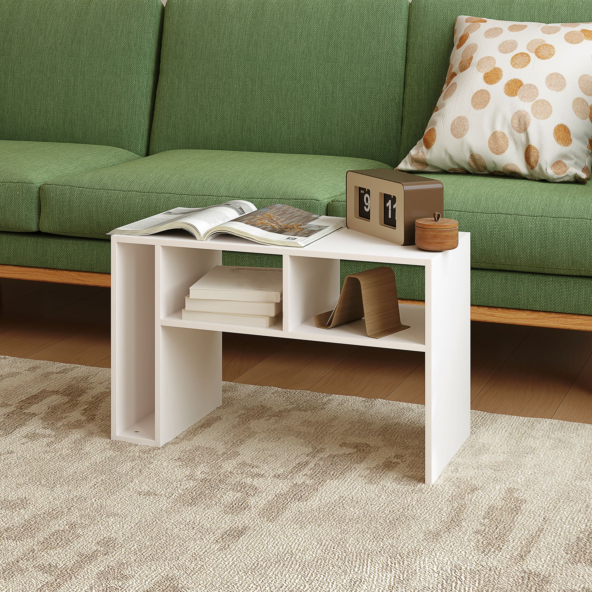 HOMCOM Beistelltisch C-Form mit Rollen und Regalen Weiß