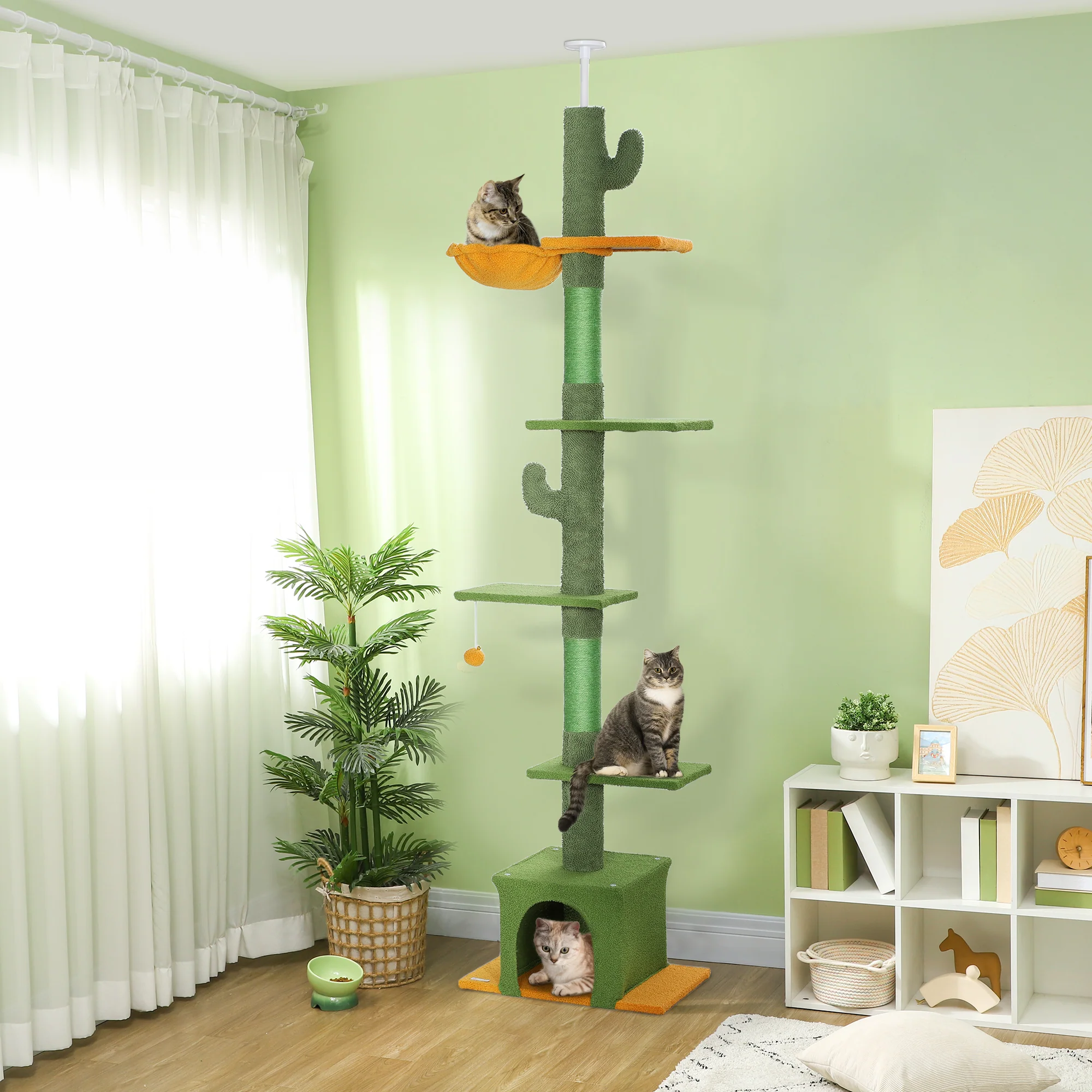 PawHut Deckenhoher Kratzbaum 230–275 cm mit Katzenhöhle & Spielball – Grün