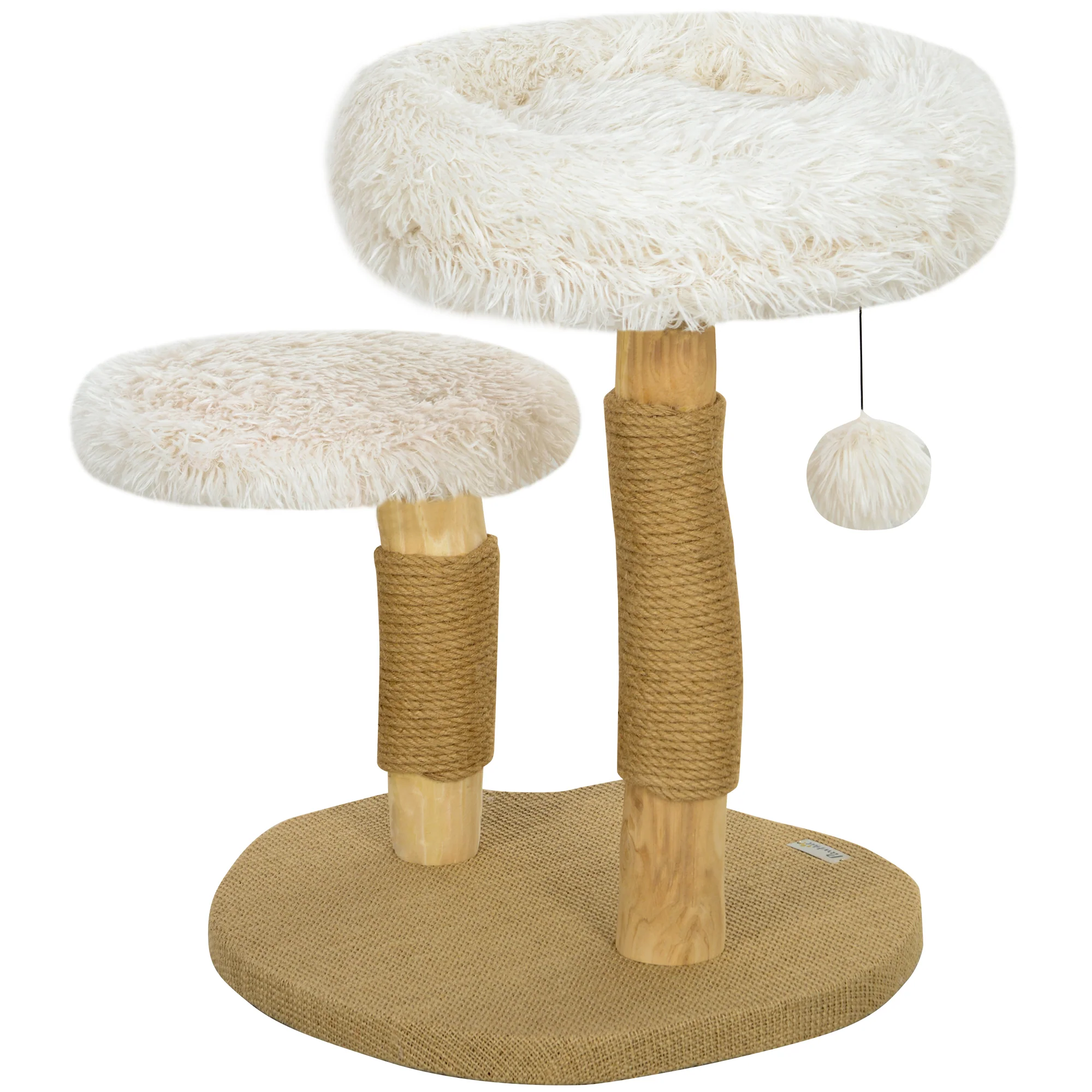 PawHut Kratzbaum 61,5 cm Weiß mit Spielball & Bett – Birnbaumholz
