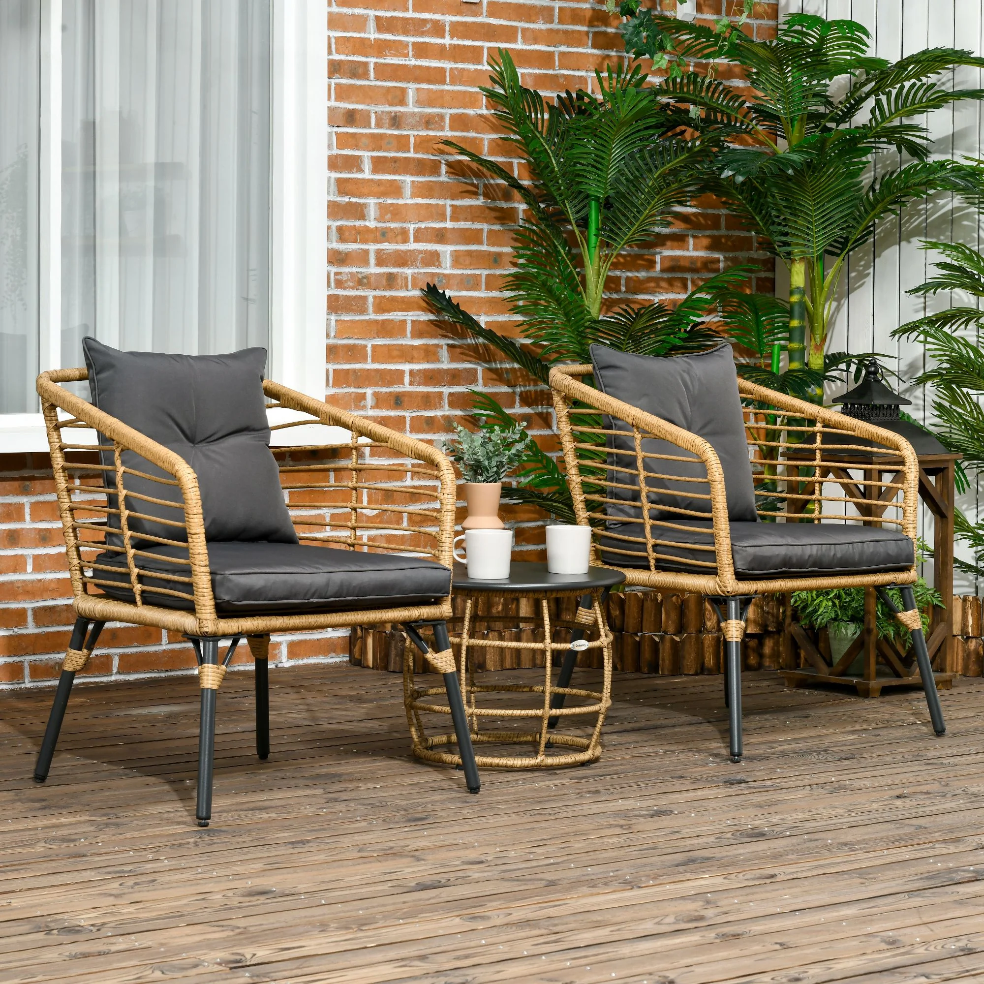 Outsunny Polyrattan Bistro-Set Outdoor 3-teilig abnehmbare Kissen
