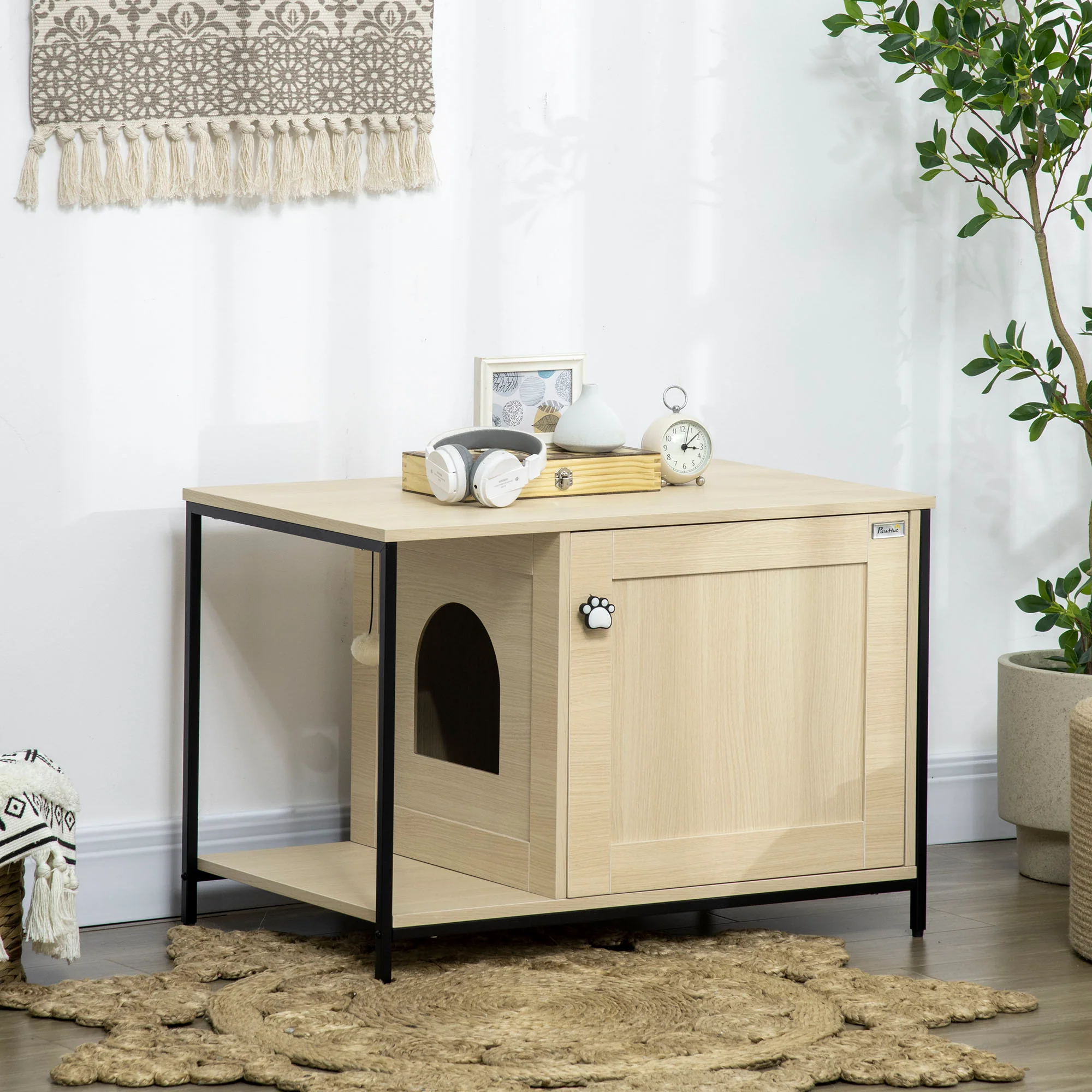 PawHut Katzenschrank Katzentoilette multifunktional Magnettür Eiche