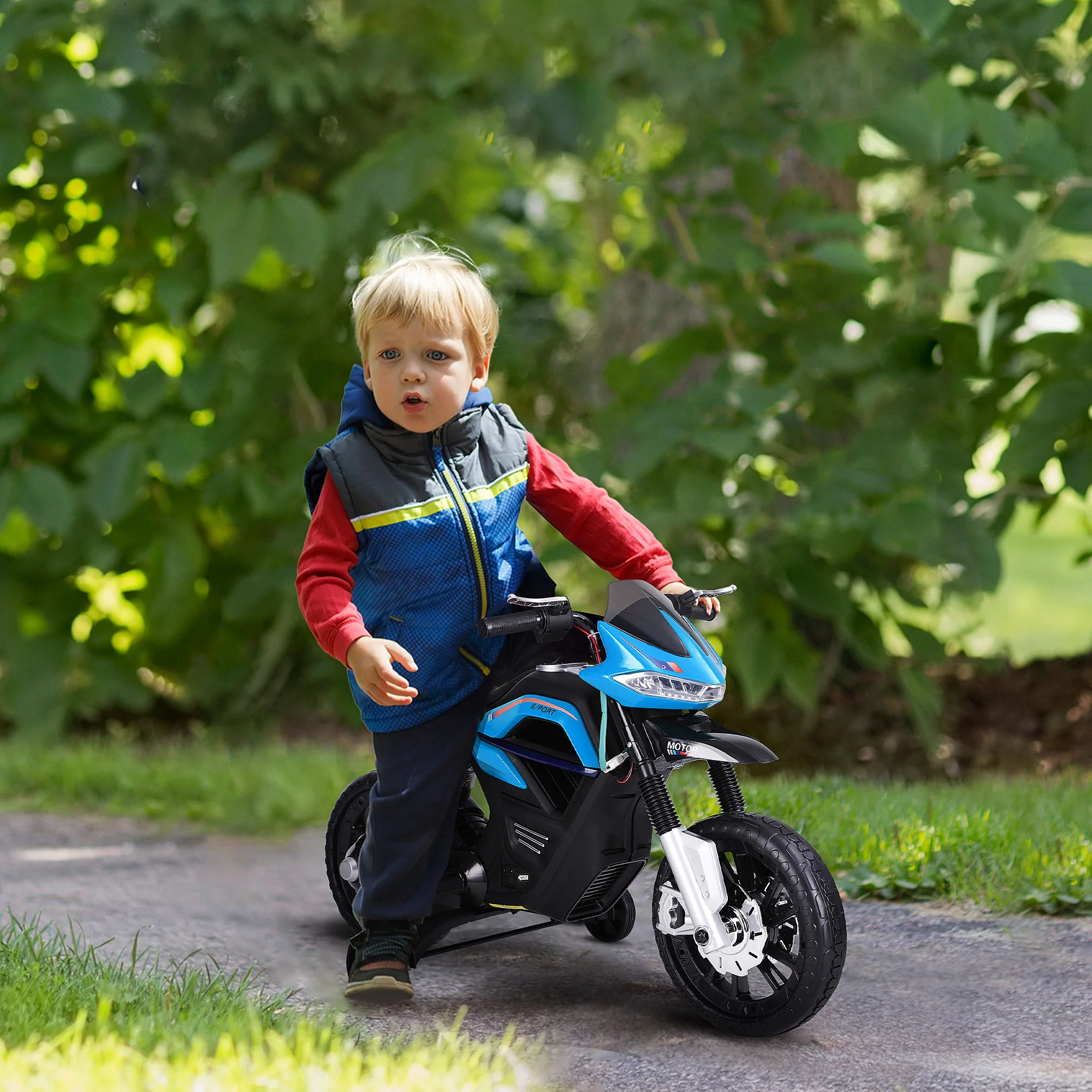 HOMCOM Kindermotorrad Elektrofahrzeug mit Licht Musik Stützrädern Blau