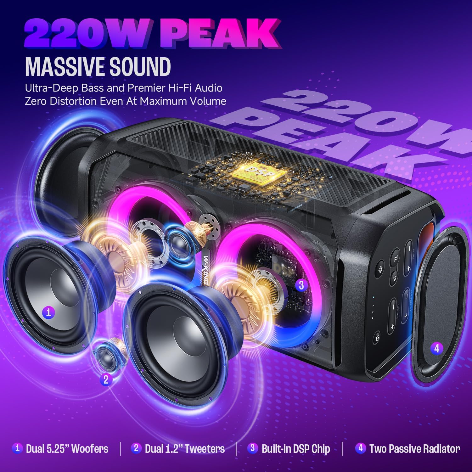 W-KING 220W PEAK Bluetooth Lautsprecher Groß,115dB Lauter Sound,Musikbox Bluetooth Partybox Boombox,IPX6 Wasserdicht,Tiefer Bass, lautsprecher boxen, BT5.3, 24H Akku,EQ,Echo,DSP,RGB Lichter,Gitarre,TF