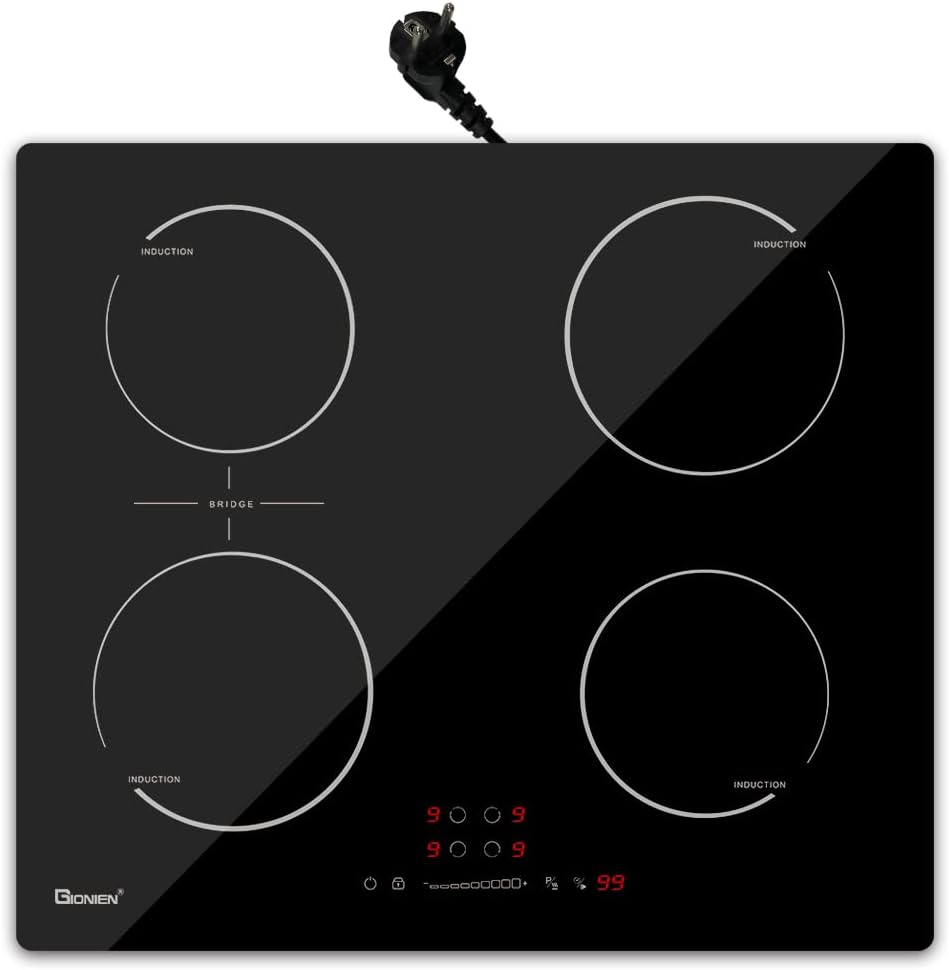 GIONIEN Induktionskochfeld mit Stecker 60cm 16Amp,Integriertes Elektrokochfeld Plug in mit Brückenzone, 4 Kochstellen Herd,2800W,GITS470SPVDE