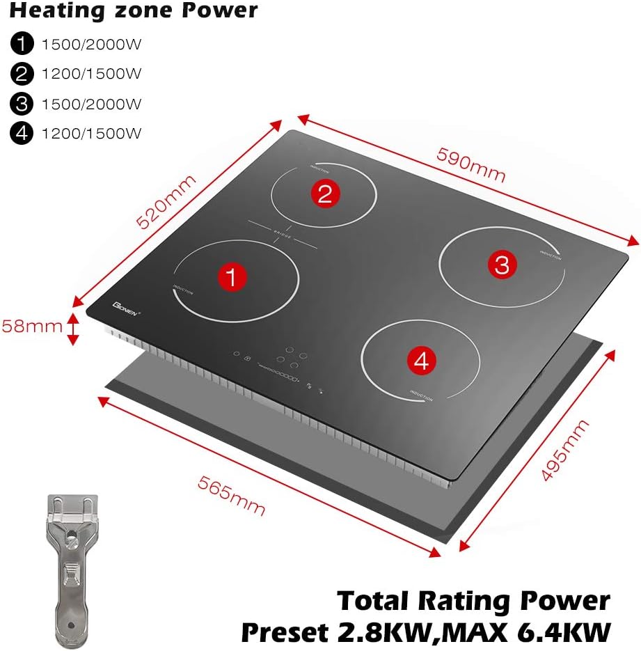 GIONIEN Induktionskochfeld mit Stecker 60cm 16Amp,Integriertes Elektrokochfeld Plug in mit Brückenzone, 4 Kochstellen Herd,2800W,GITS470SPVDE