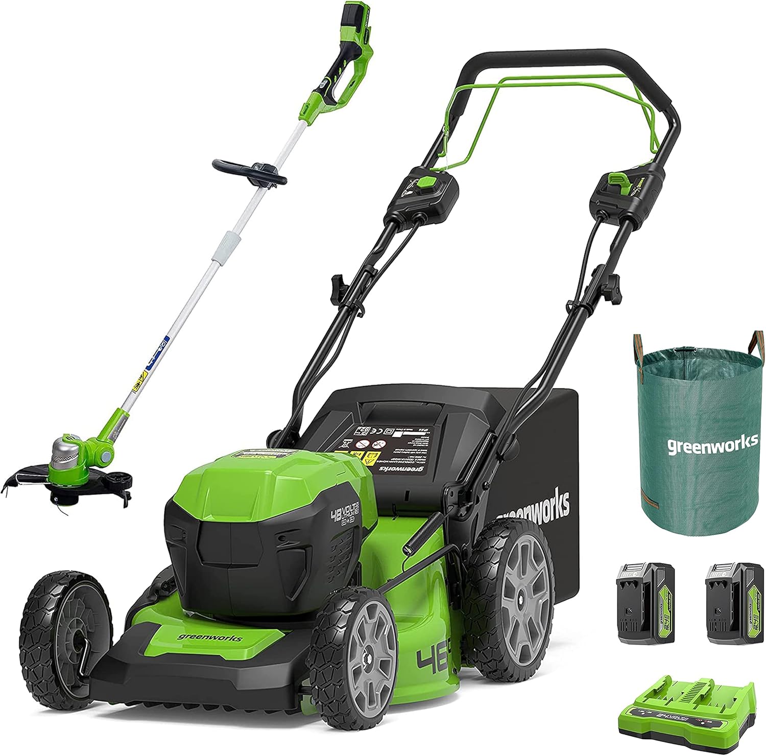 Greenworks 48V (2x24V) Selbstfahrender Akku Rasenmher für groe Flchen bis zu 480m, 46cm Schnittbreite, 55L Sack PLUS zwei 4Ah-Akkus und Doppelladegert GD24X2LM46SPK4X
