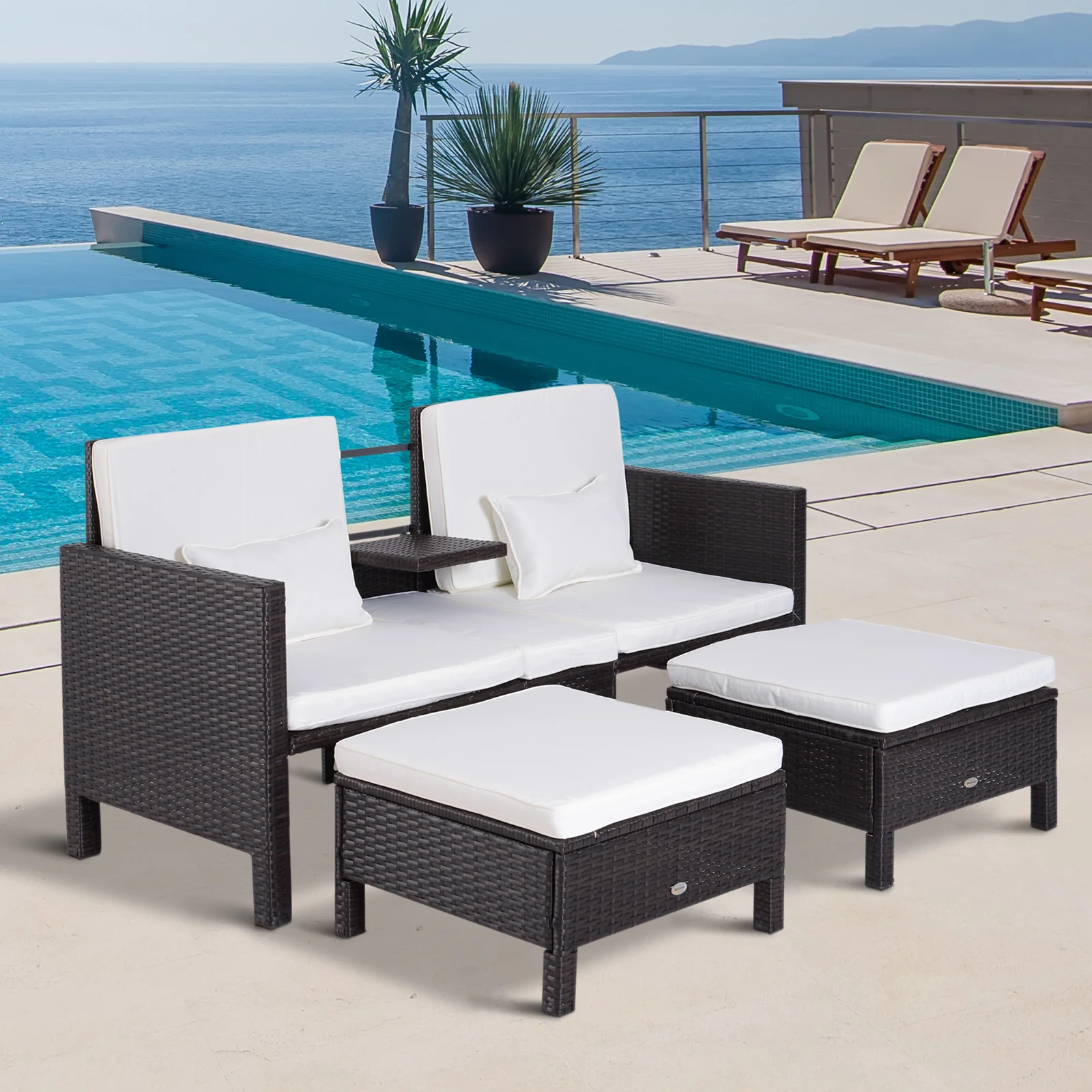 Outsunny Polyrattan Gartensofa-Set 3-teilig mit Hocker Kissen Outdoor