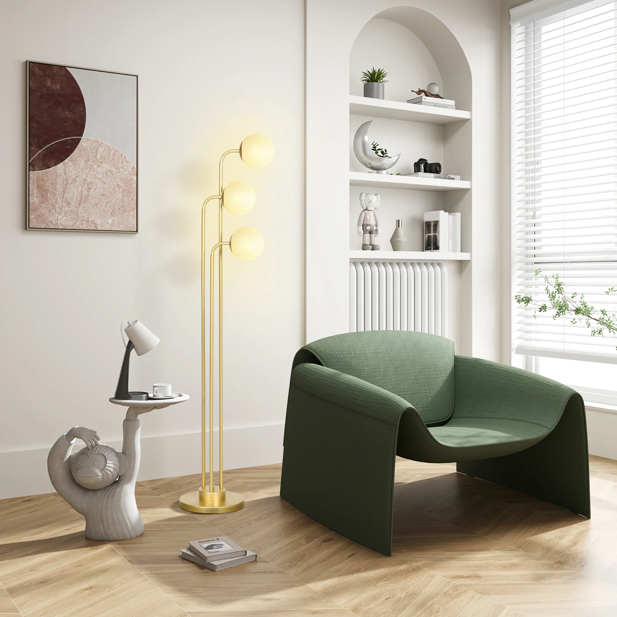 HOMCOM Stehlampe drehbar 3 Schirme Wohnzimmer Leselampe Gold