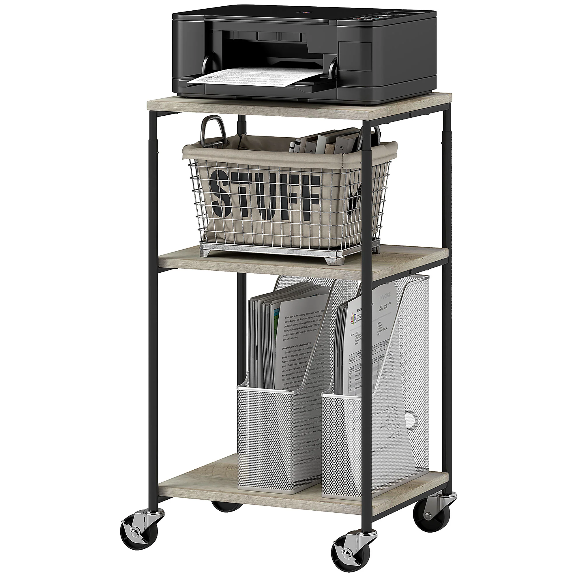 HOMCOM Druckertisch Druckerwagen 3 Ebenen höhenverstellbar mit Rollen