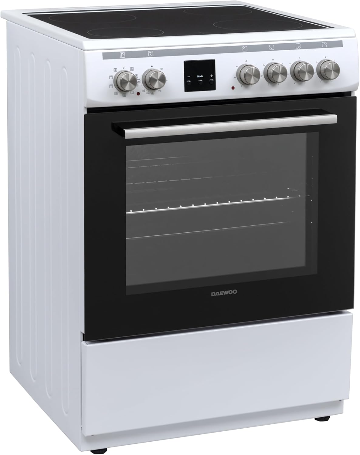 Daewoo F6EV22WL3DE Standherd mit Glaskeramik-Kochfeld, A, Garraumvolumen: 65 L, 8 Beheizungsarten mit Ober-/Unterhitze, Leicht-Reinigungs Email, 4 Kochzonen, Weiß