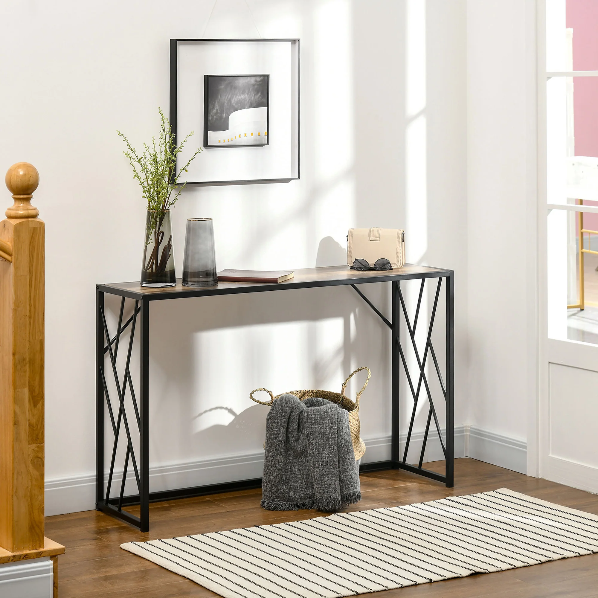 HOMCOM Konsolentisch im Industrie-Stil mit Stahlbeinen – Braun