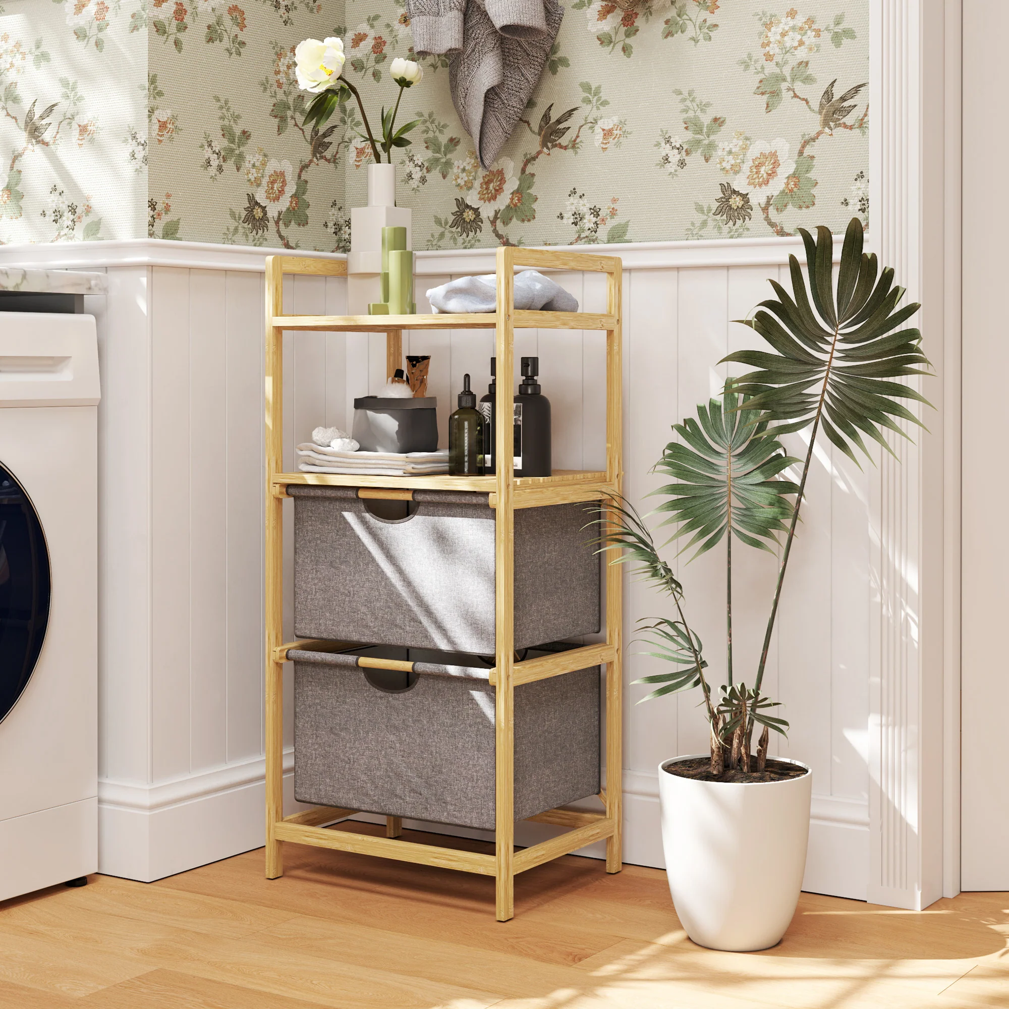 HOMCOM Badregal Wäschekorb 2 Fächer zweistufig Bambus Naturholz