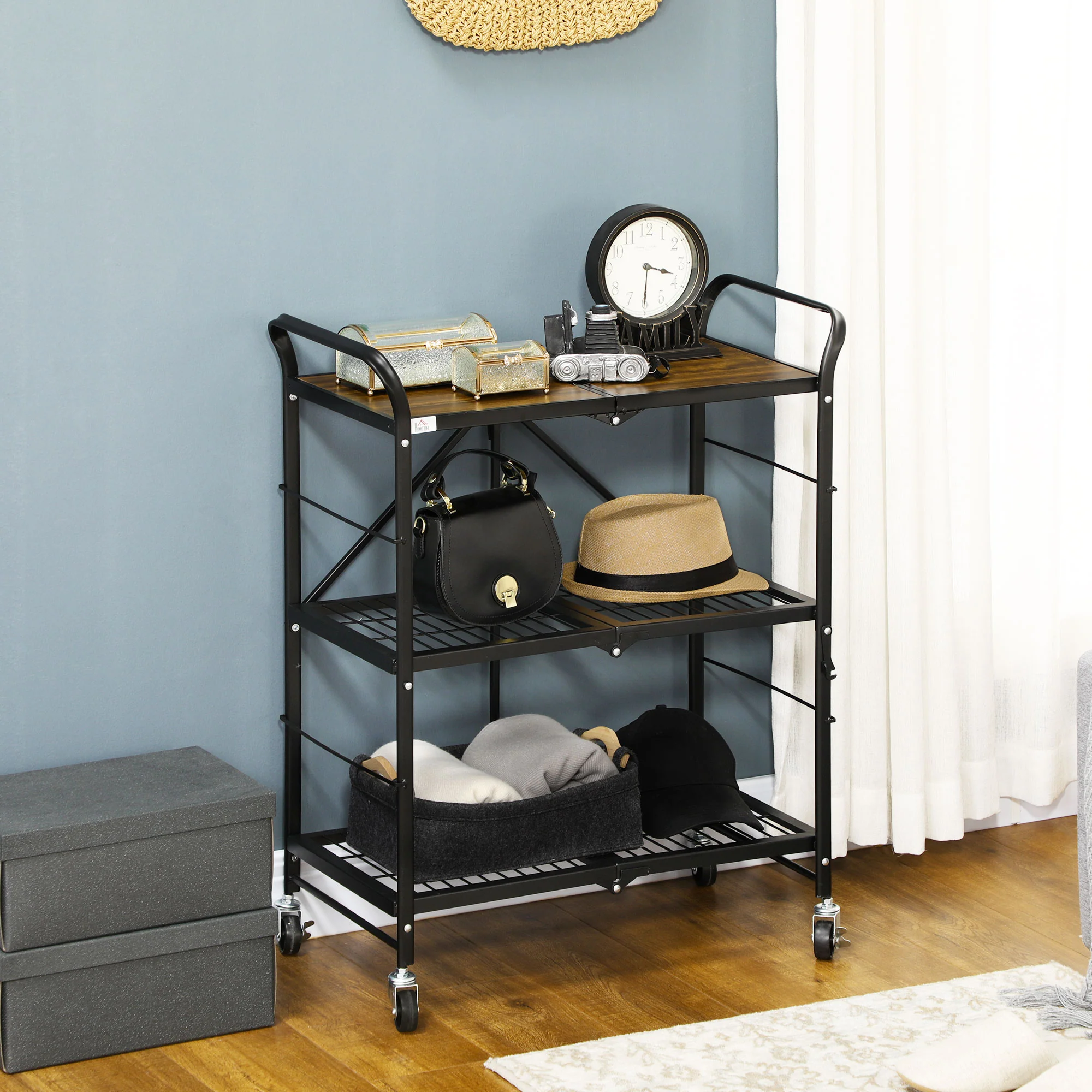 HOMCOM Klappbarer Rollwagen mit 3 Ebenen & Griff, Braun+Schwarz