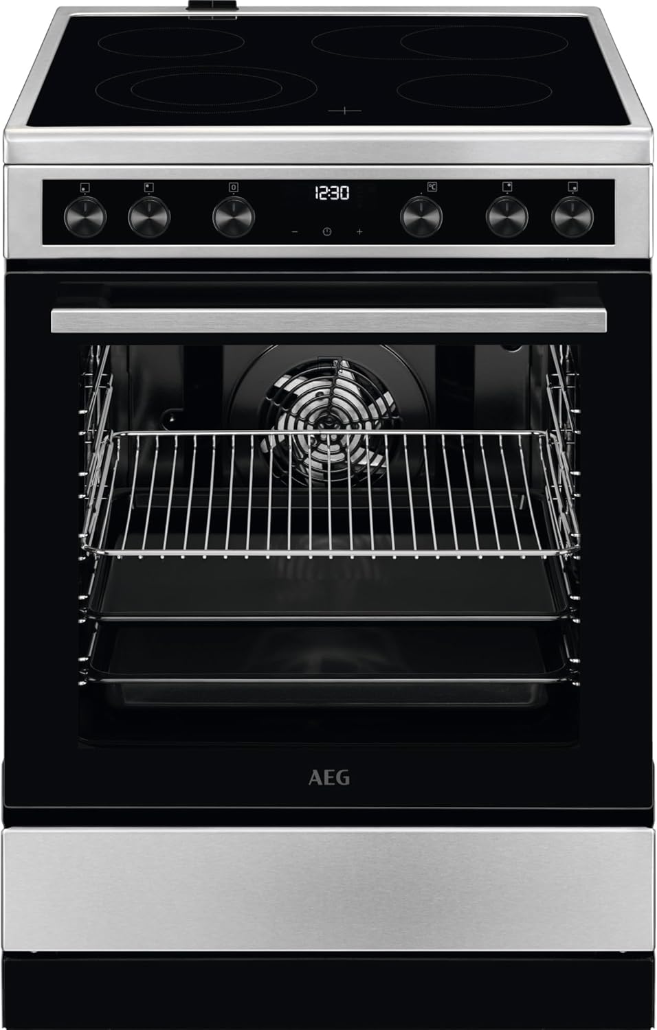 AEG Standherd mit Glaskeramik-Kochfeld 60 cm/Bräterzone/Mehrkreiskochzone/Versenkknebel/Touch-Bedienung/Grillfunktion/Display mit Uhr/A / CCB644OCBM