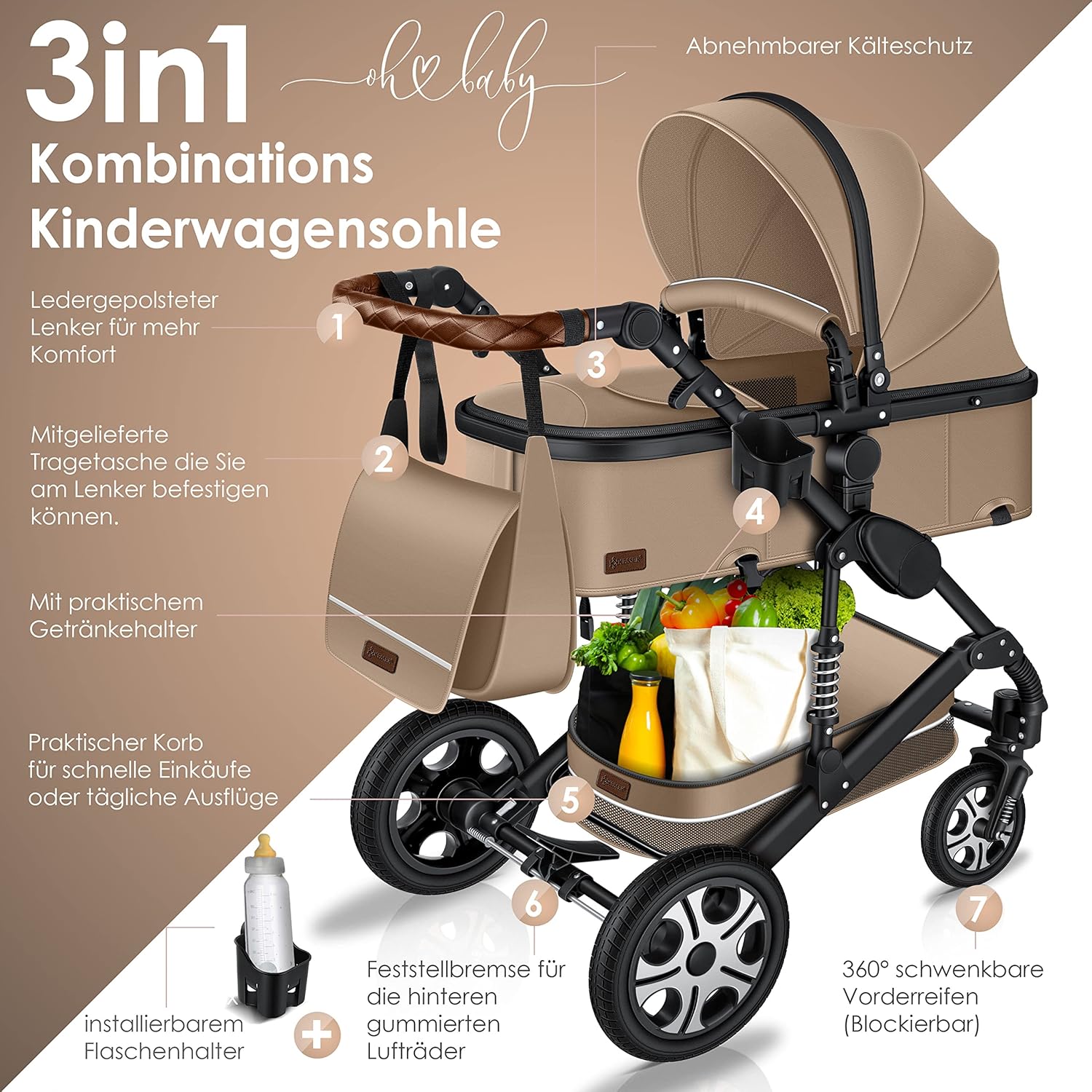 KESSER Loops 3 in 1 Kinderwagen Kombikinderwagen Komplett-Set inkl. Babywanne & Buggy Sportsitz & Auto-Babyschale Voll-Gummireifen Wickeltasche Regenschutz Kindertisch ECE R129, Schwarz/Champagne