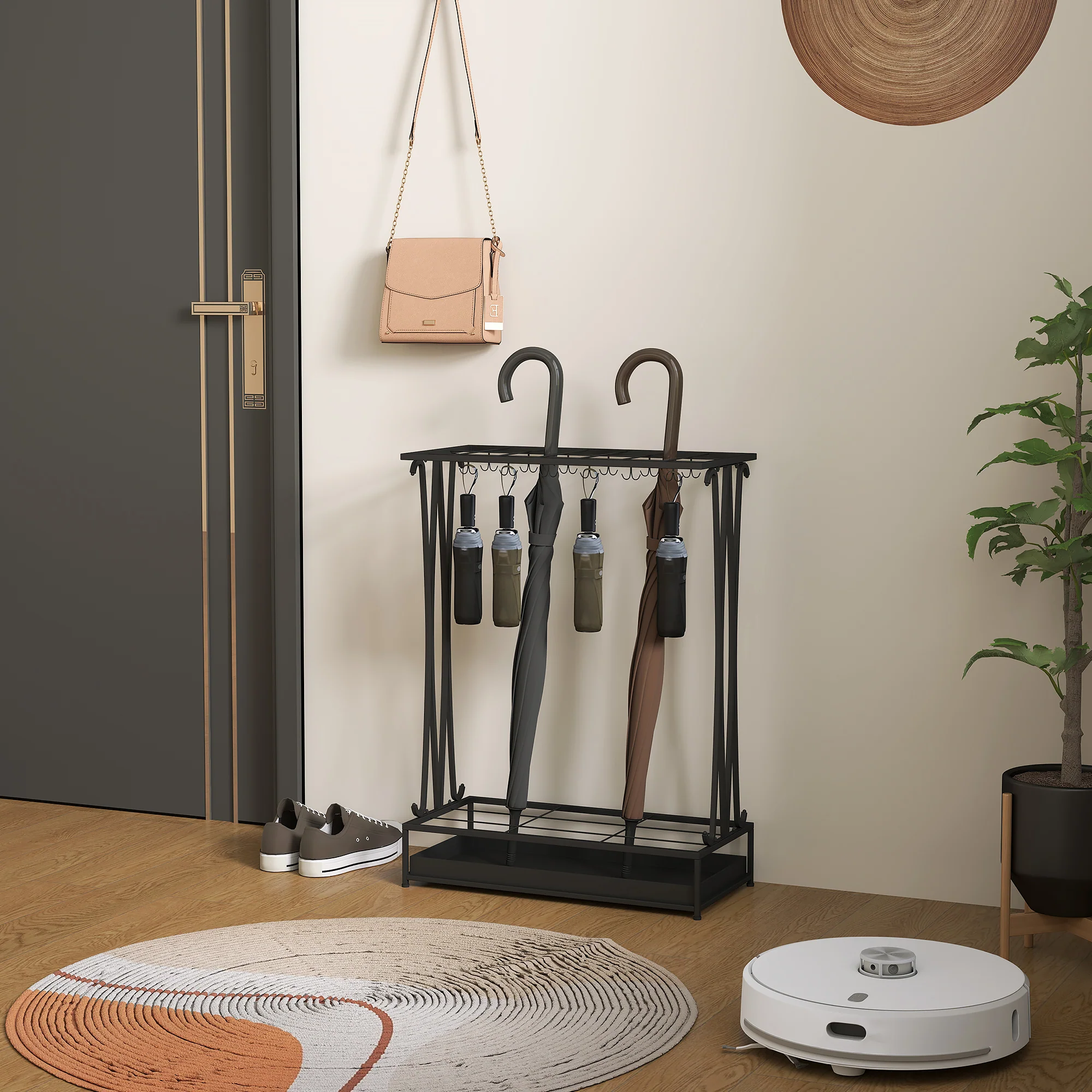 HOMCOM Regenschirmständer Stahl Schwarz mit 24 Haken & Auffangschale