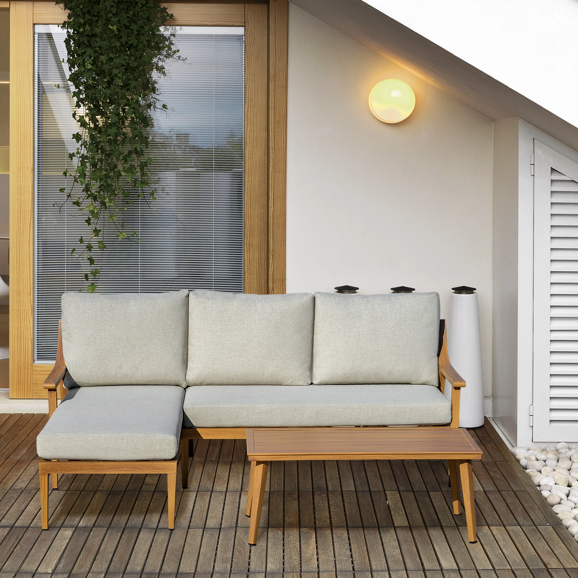 Outsunny Gartenmöbelset 3-tlg. mit Chaiselongue Outdoor Aluminium Naturholz