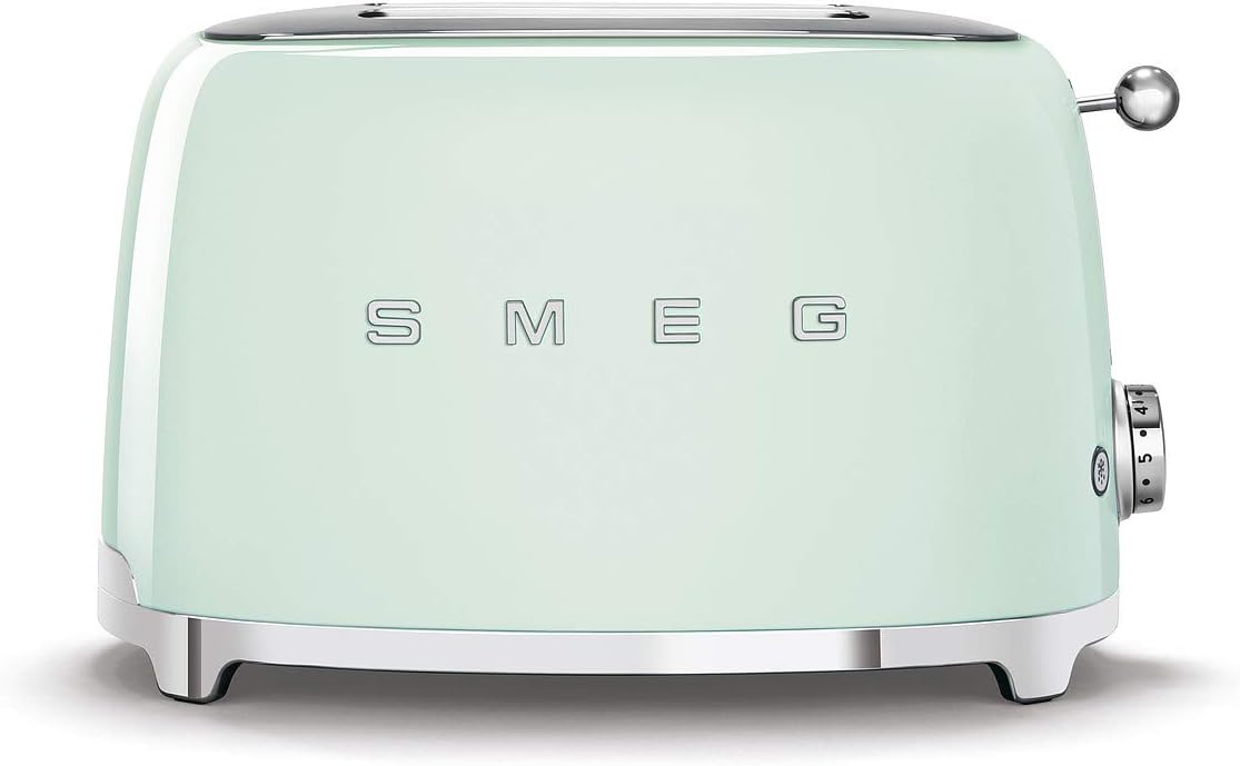 Smeg, 2x2 TSF01PGEU -Toaster, 2 Schlitze für 2 Scheiben, 6 Vergoldungsniveaus, Heizfunktion, Abtau- und Bagel- Funktion, Sammelschublade, 950W, Pastellgrün