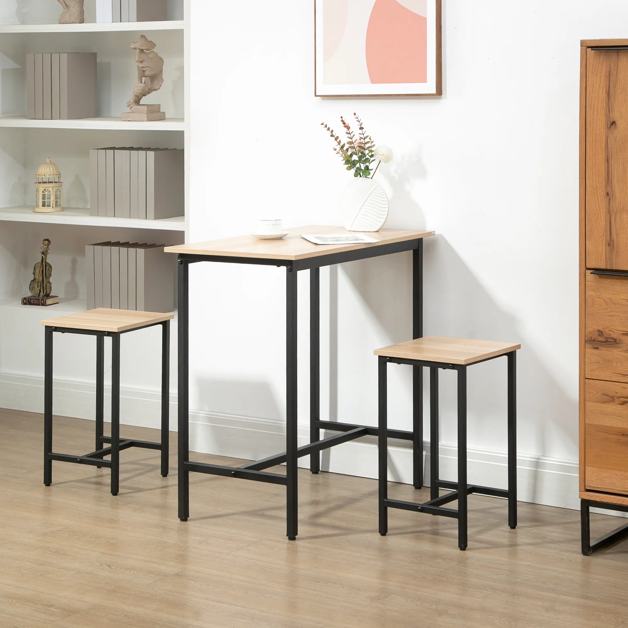 HOMCOM Essgruppe 3-teilig Industrie-Design platzsparend Naturholz