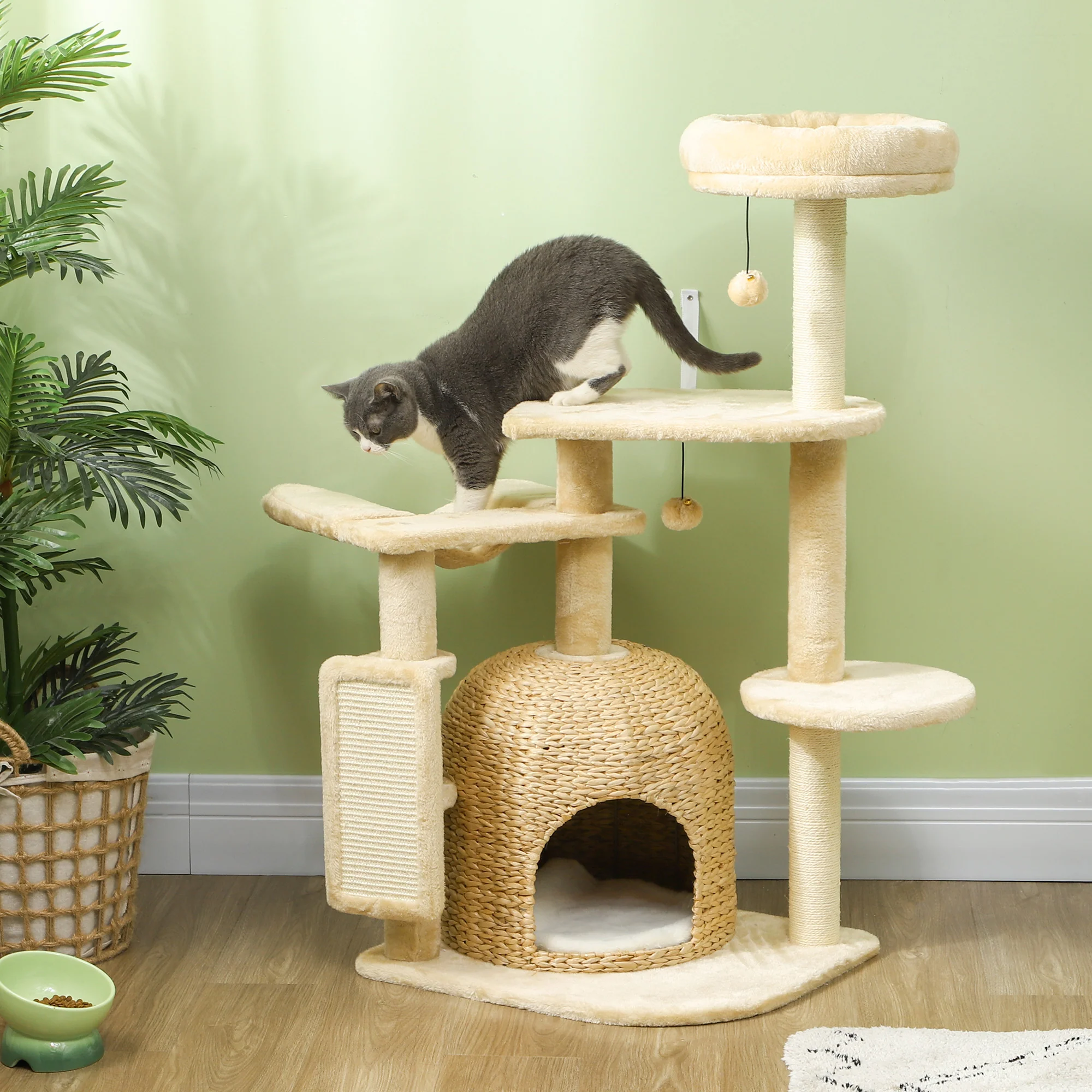 PawHut Kratzbaum 112 cm mit Höhle & Spielbällen Beige