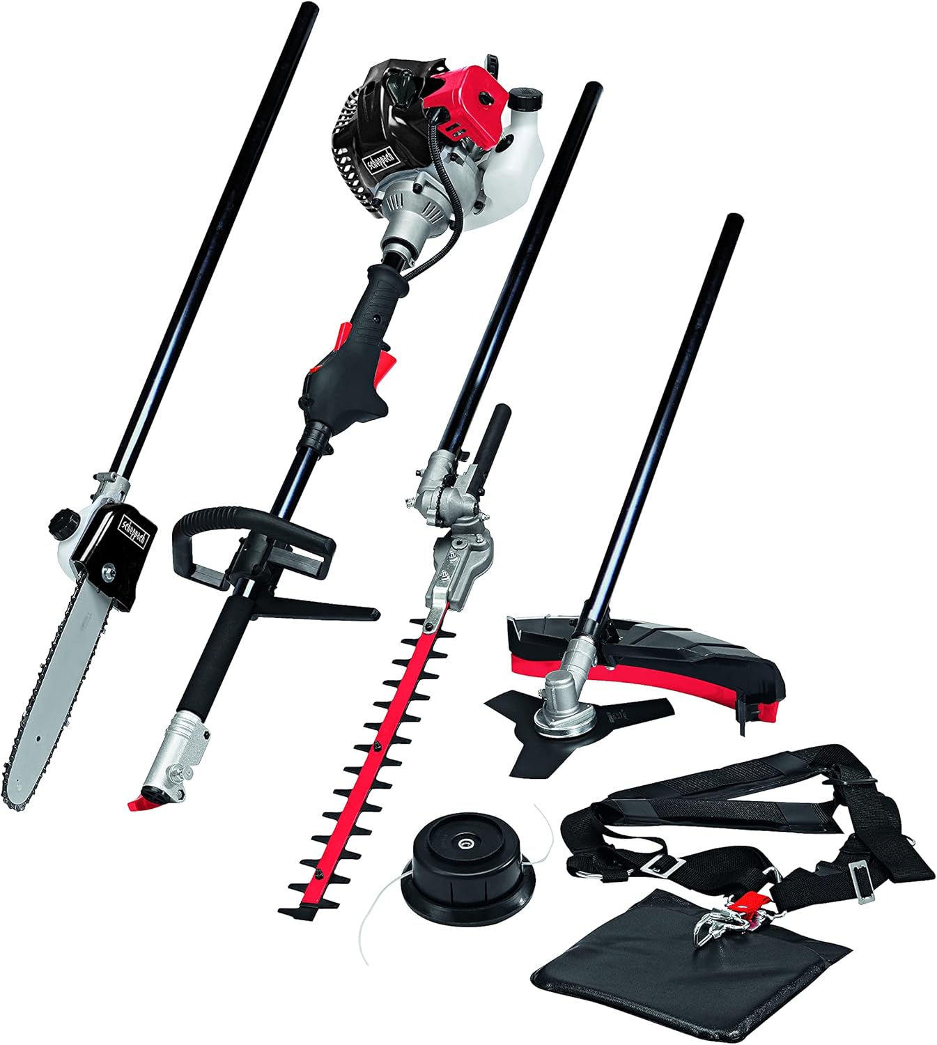 Scheppach Benzin Multigartengerät MT33P Multifunktionsgerät | 4in1 - Rasentrimmer Kettensäge Motorsense Heckenschere | 1,22PS Leistung | 2-Takt-Motor | inkl. Schultergurt und Hüftschutz
