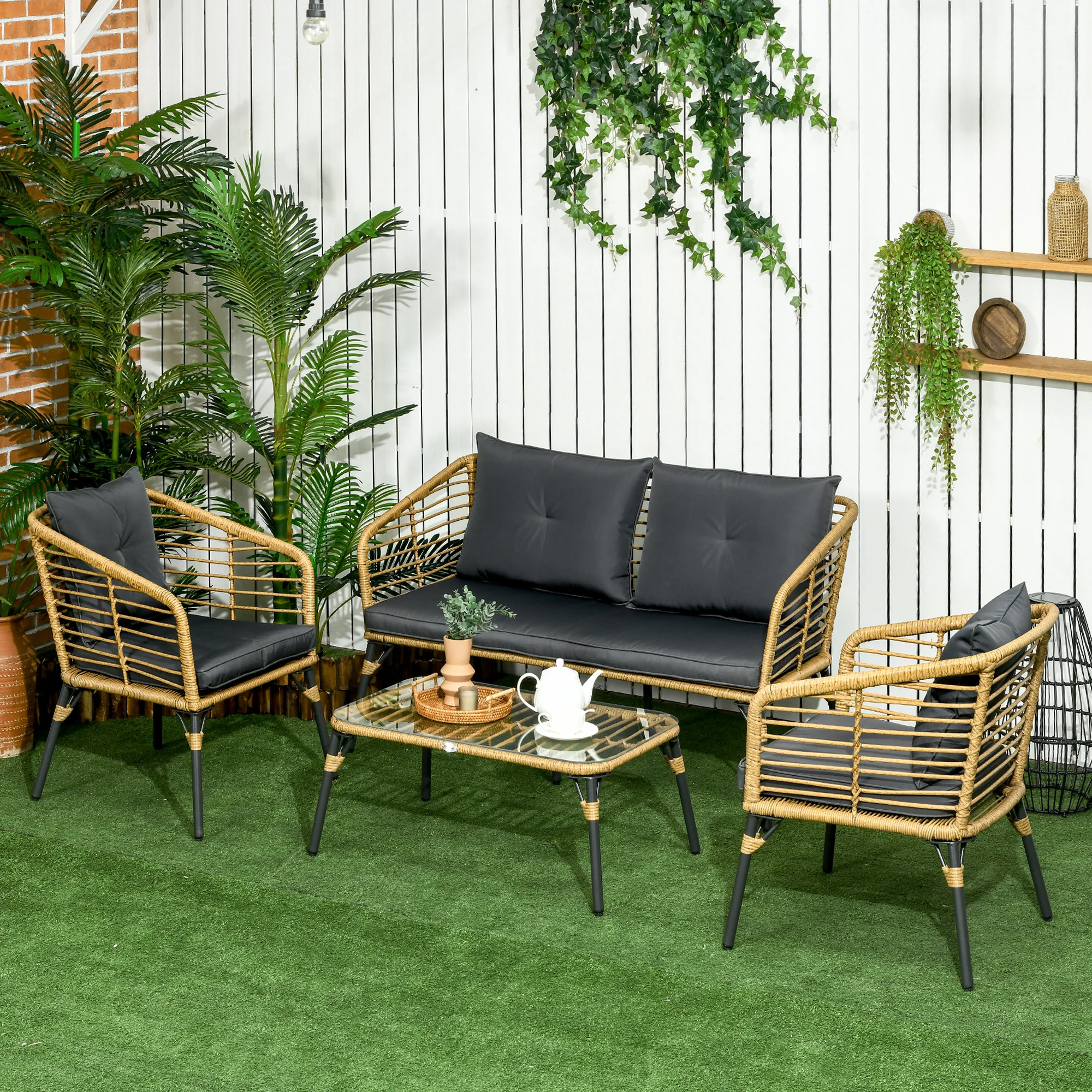 Outsunny Polyrattan Gartensofa-Set 4-tlg. Boho-Stil Glas-Couchtisch