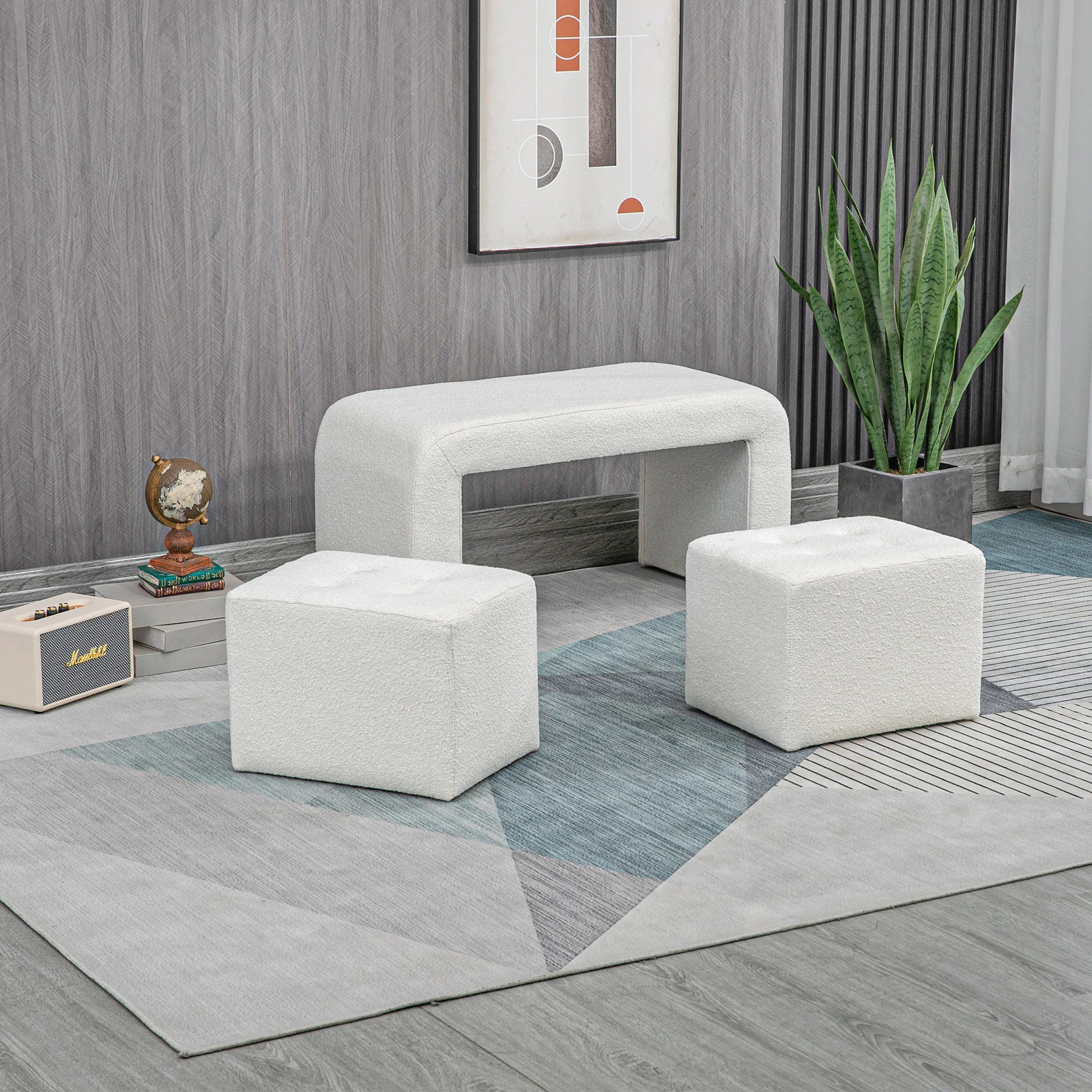 HOMCOM Fußhocker Set 3-teilig stapelbar Knopfheftung Weiß