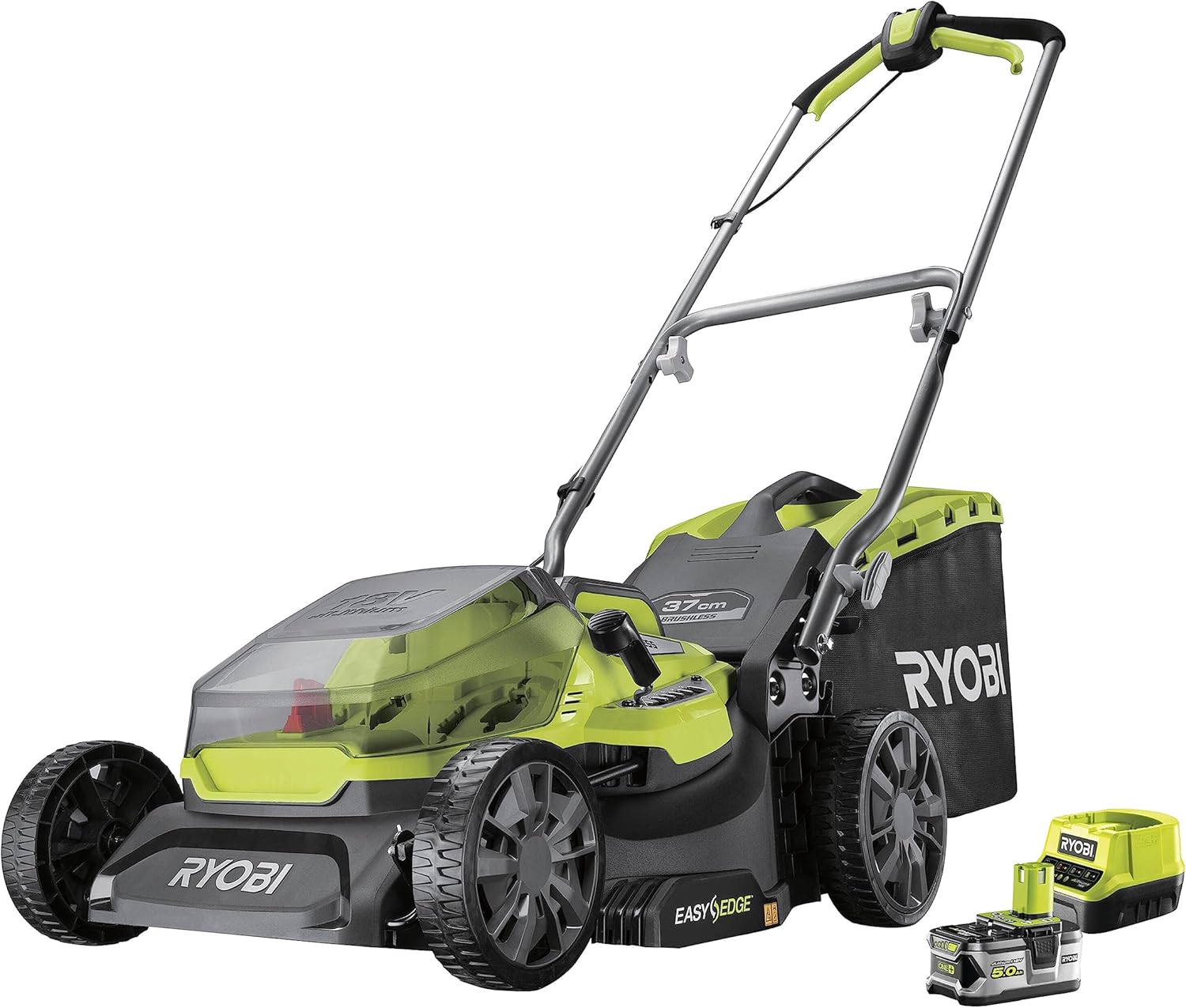 RYOBI 18 V ONE+ Akku-Rasenmäher RLM18X33B40 (Schnittbreite 33 cm, 5-fache Höhenverstellung 25-65 mm, zusammenklappbares Griffgestänge, inkl. Mulchkeil, 35l Grasfangsack, 4,0Ah Akku & Ladegerät)