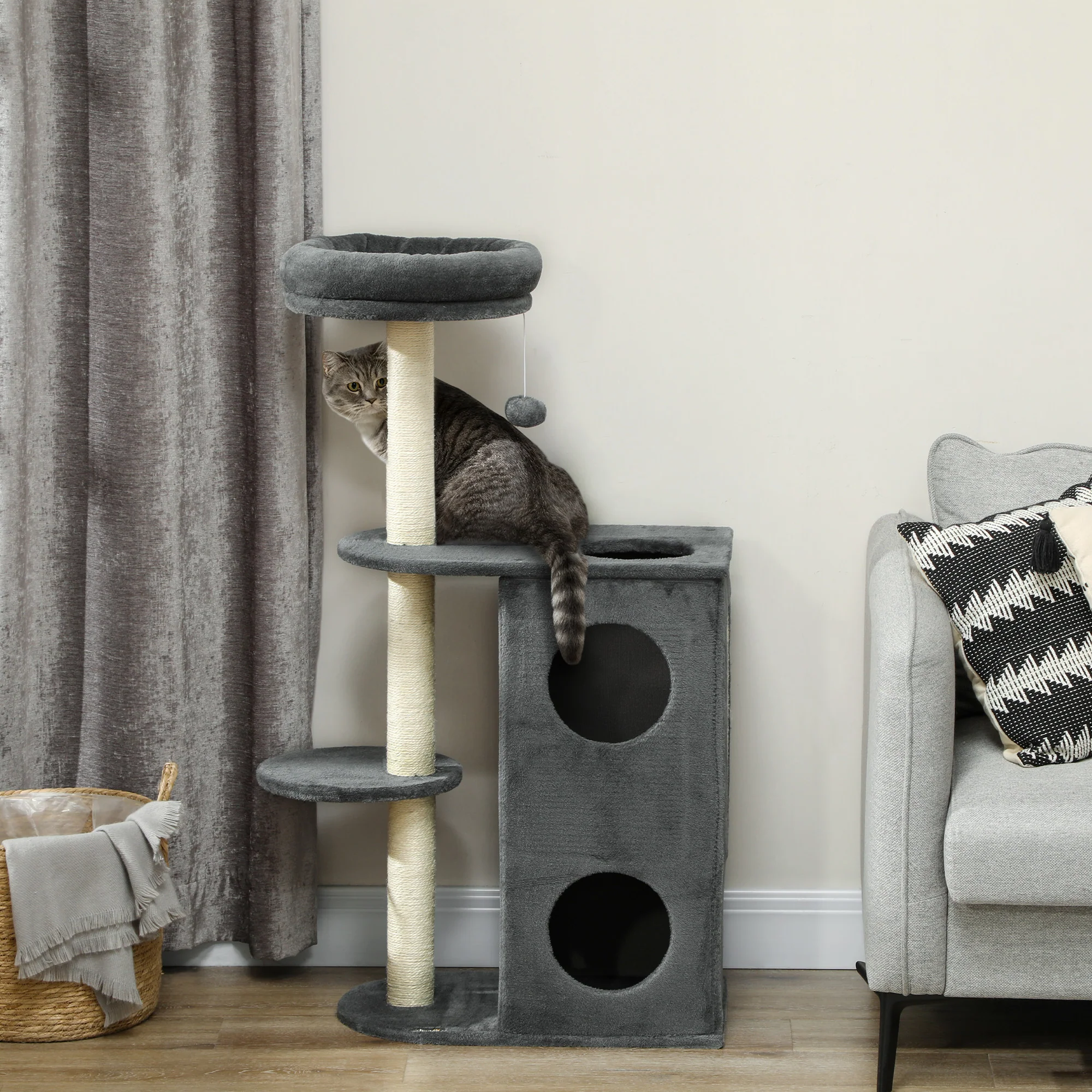 PawHut Kratzbaum 111 cm mit Höhle & Spielball Grau
