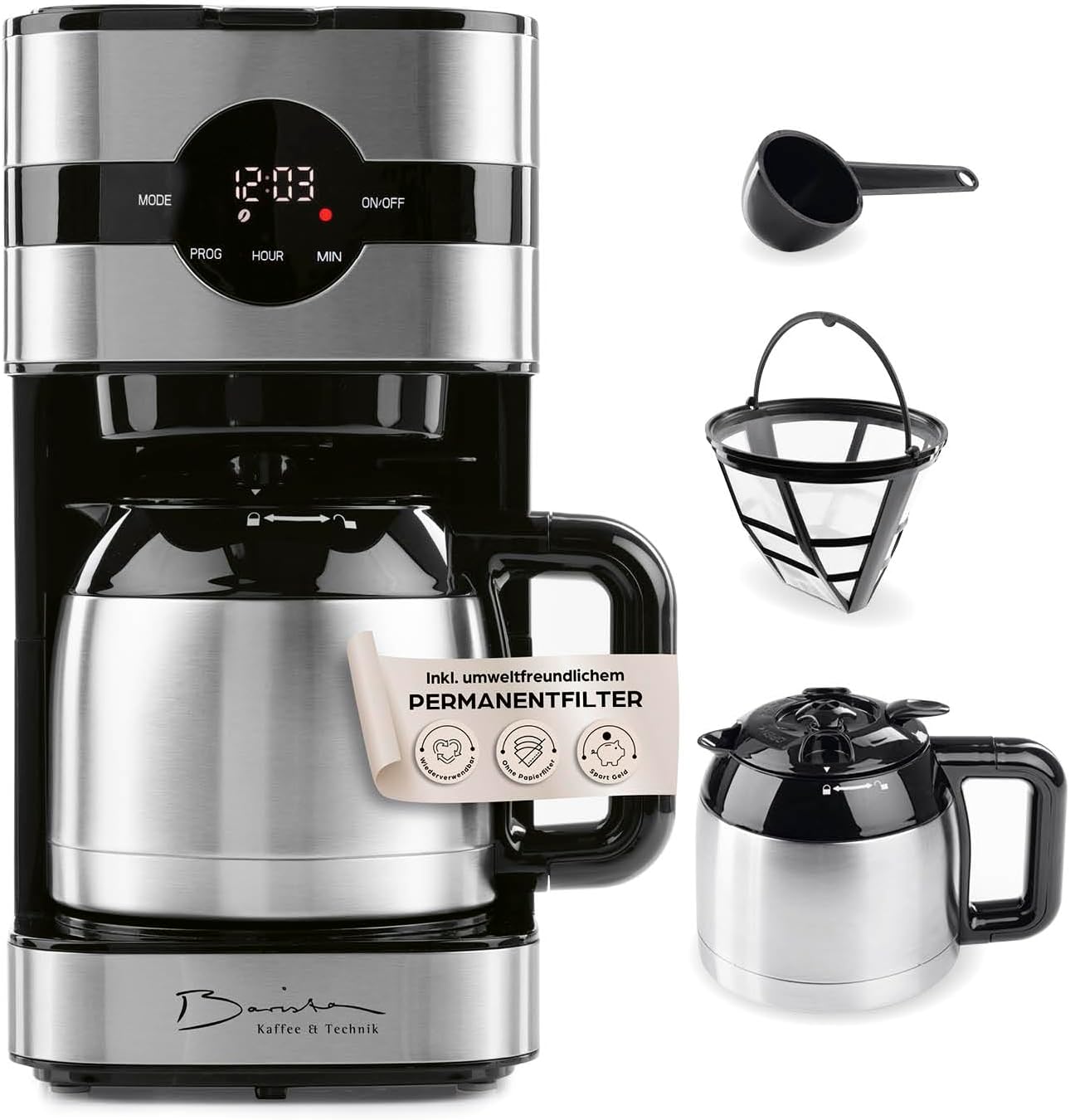 Barista Filterkaffeemaschine mit verstellbarem Mahlwerk & Thermokanne | Warmhaltefunktion, 24h Timer & Permanentfilter | Für 10 Tassen Kaffee | Kaffeemaschine für Bohnen & Pulver [Edelstahl]