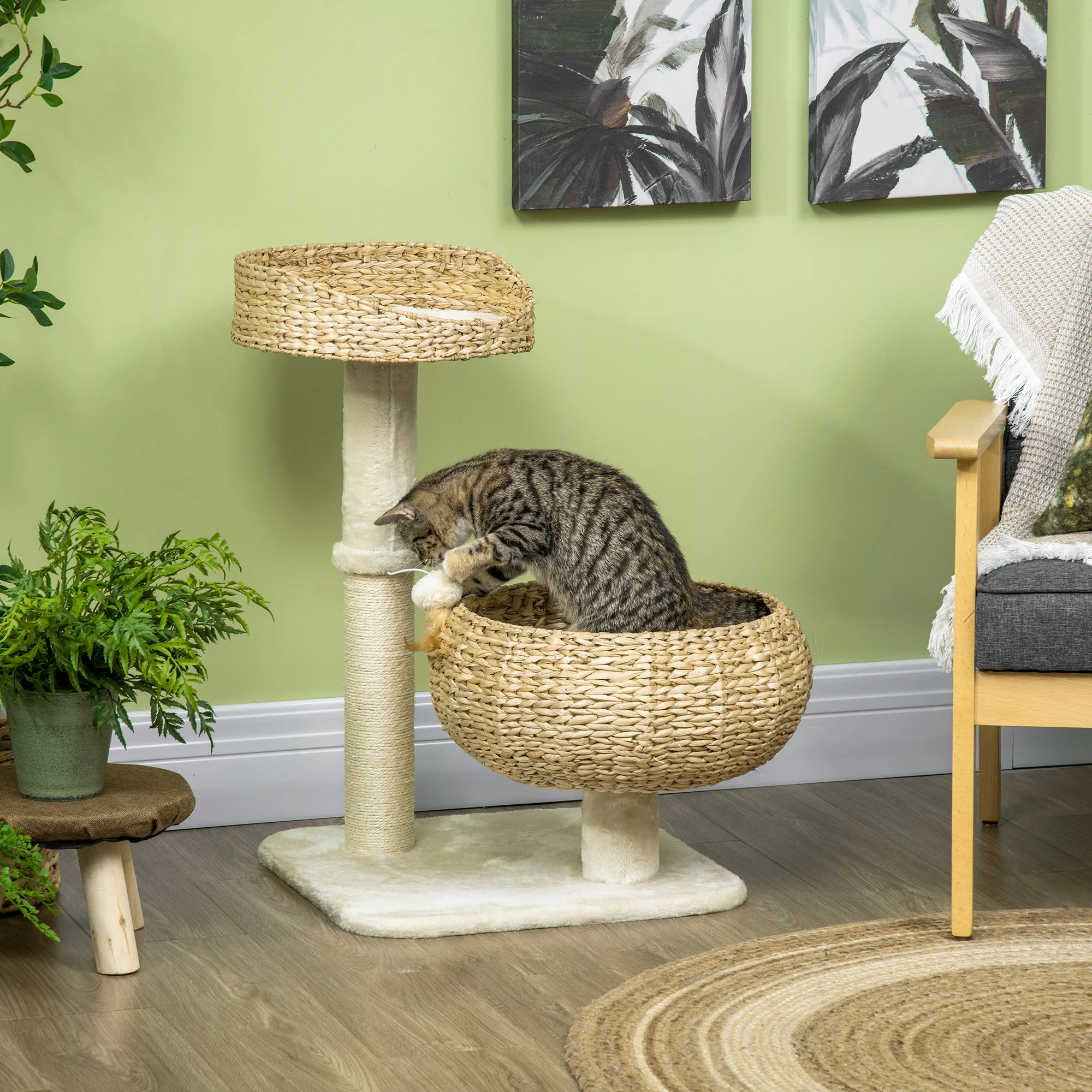 PawHut Kratzbaum Katzenbaum mit 2 Katzenbetten und Spielball