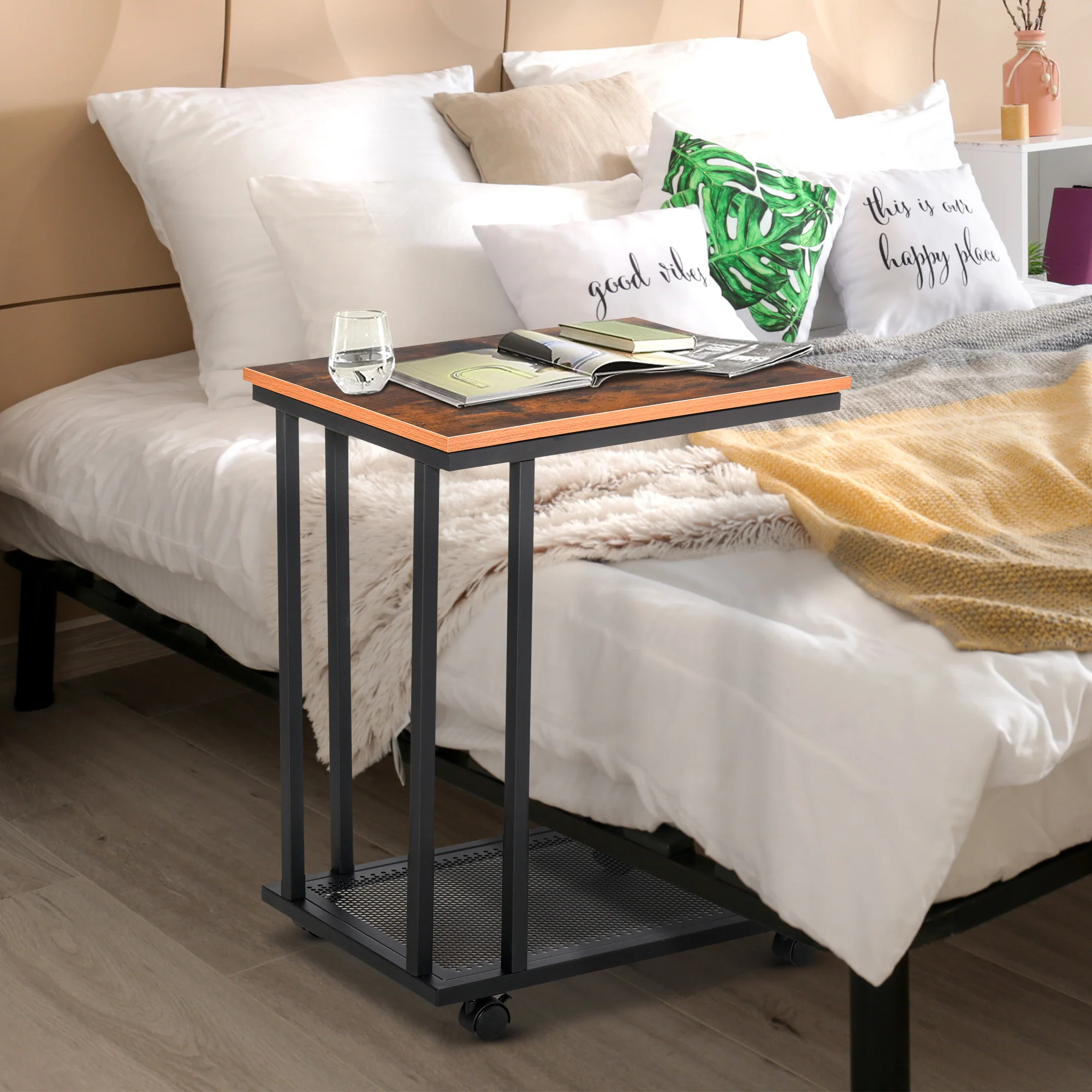 HOMCOM Beistelltisch C-Form mit Rollen viel Stauraum Walnuss Schwarz