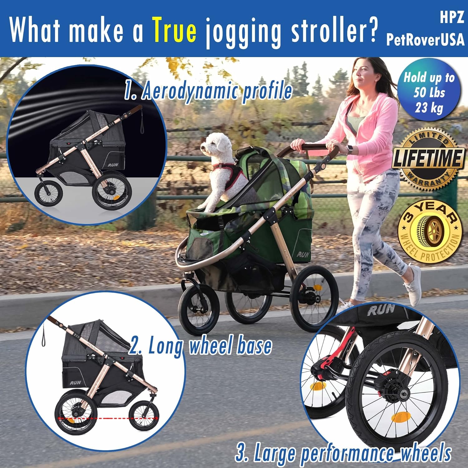 Jogging Sports Stroller with Comfort Rubber Wheels/Zipper-Less Entry/1-Hand Quick Fold/Aluminum Frame for Small/Medium Dogs, Cats and Pets (Green Camo)
