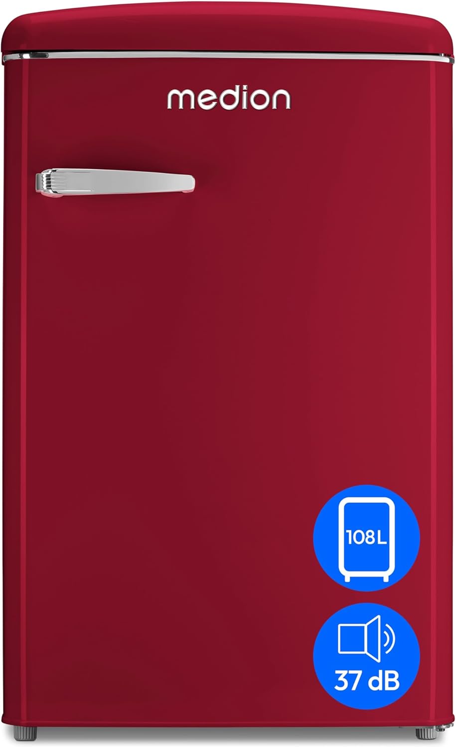 MEDION Retro Kühl-Gefrierkombination (95L Kühlschrank, 13L 4 Sterne Gefrierfach, 108 Liter Nutzinhalt, LED Innenbeleuchtung, Stufenlose Temperaturregelung, MD 37790) rot