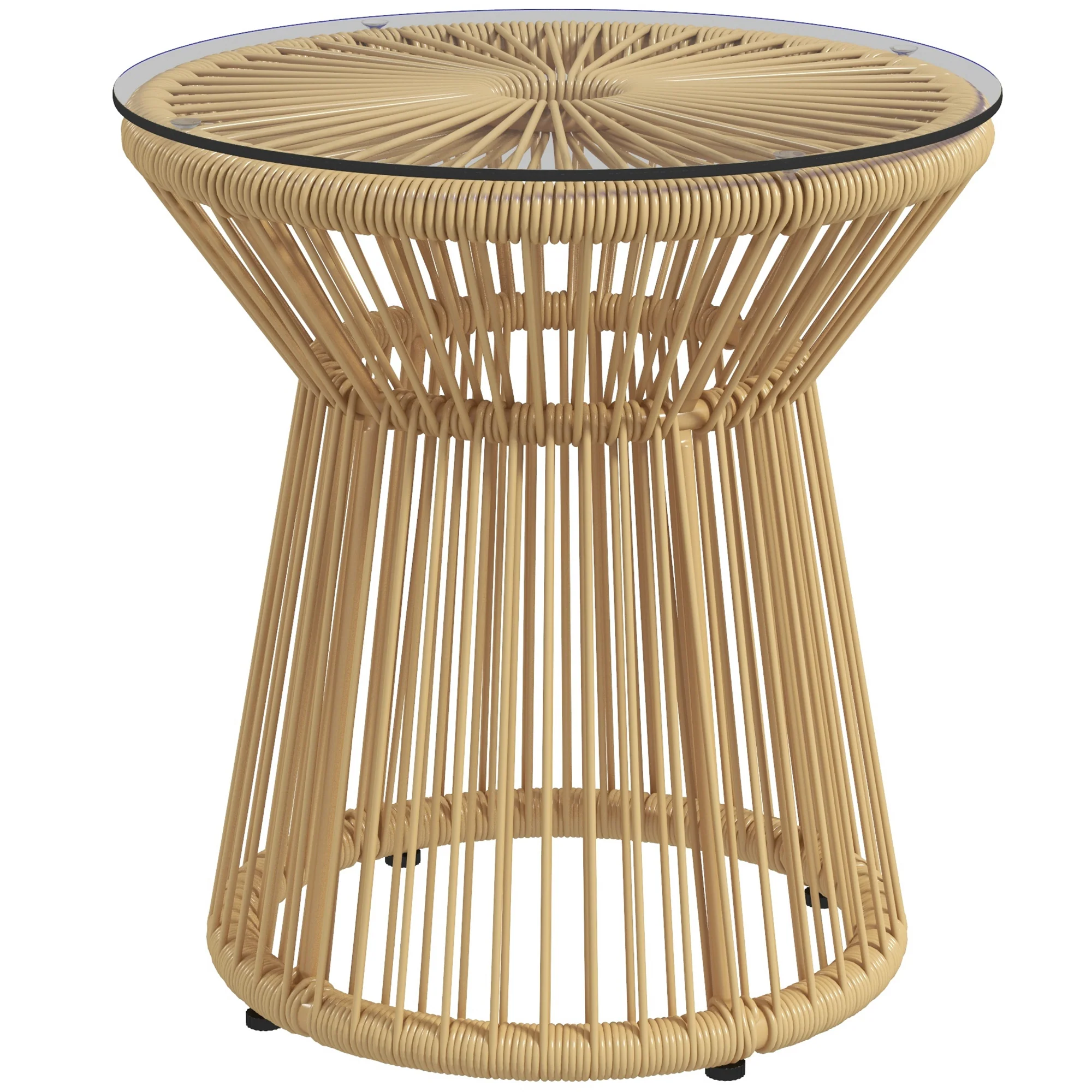Outsunny Gartentisch Beistelltisch Boho-Stil Glastischplatte Rattan Beige