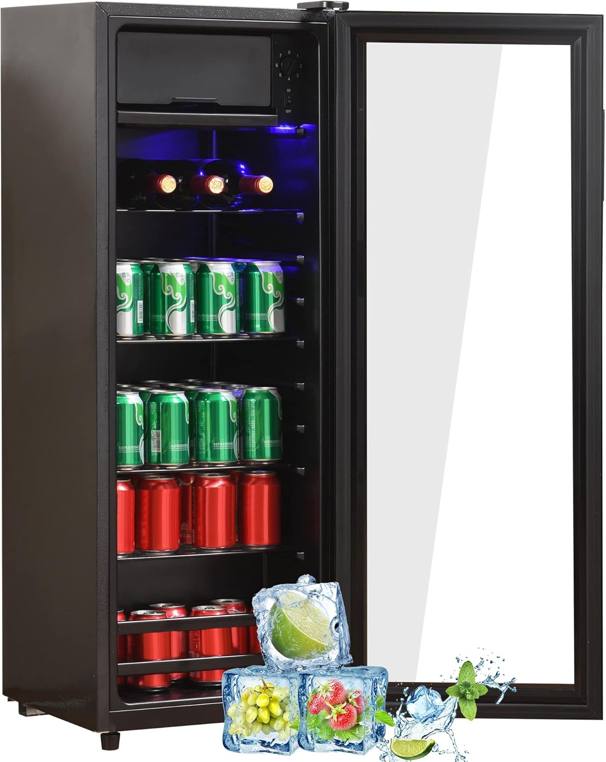 Merax Kühlschrank 128L, Freistehend Getränkekühler mit 120L-Kühlschrank + 8L-Gefrierschrank, mit LED-Innenbeleuchtung und Verstellbare Einlegeböden, Superleise für Restaurant, Bar, Getränke und Bier