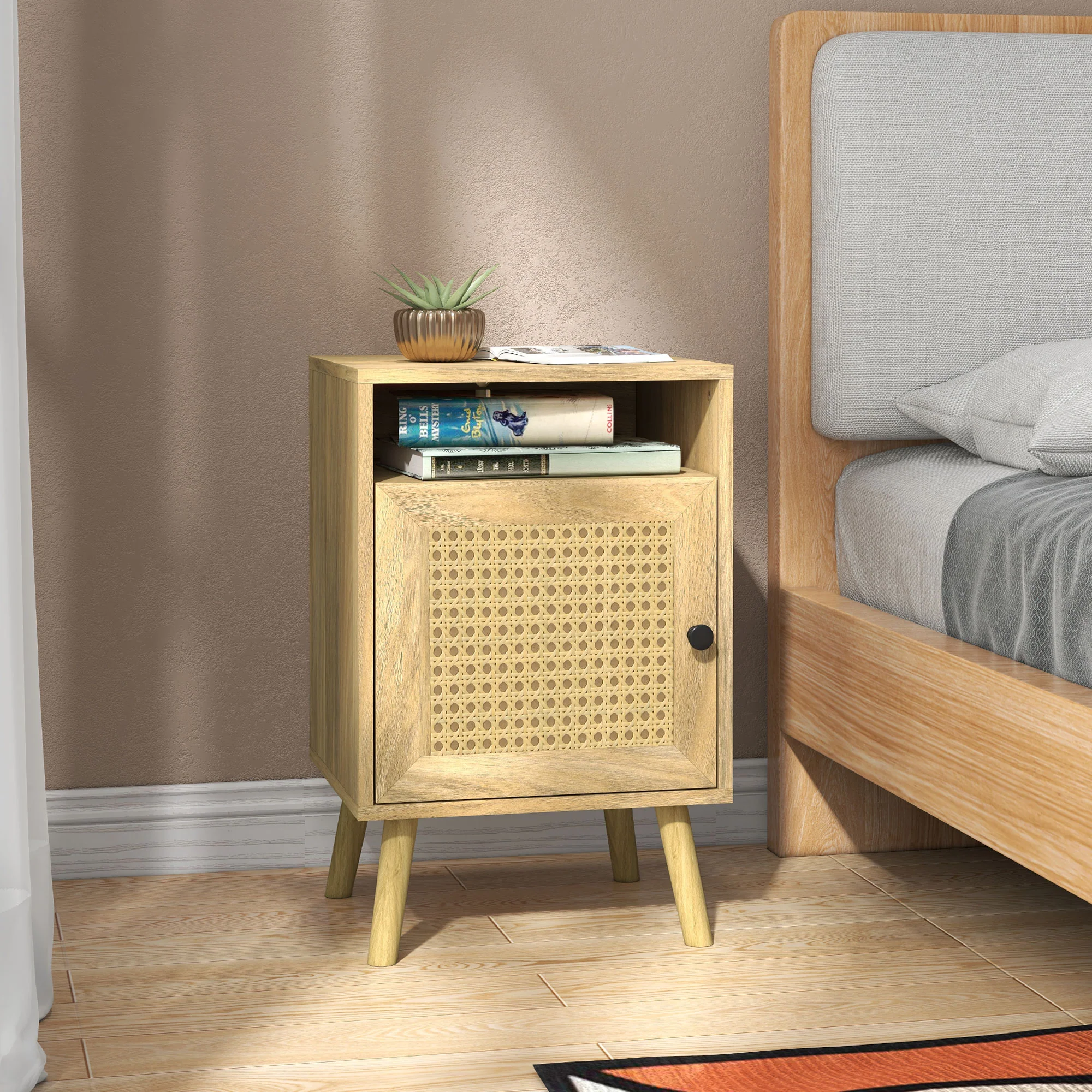 HOMCOM Nachttisch mit Rattandekor und Schrankfach
