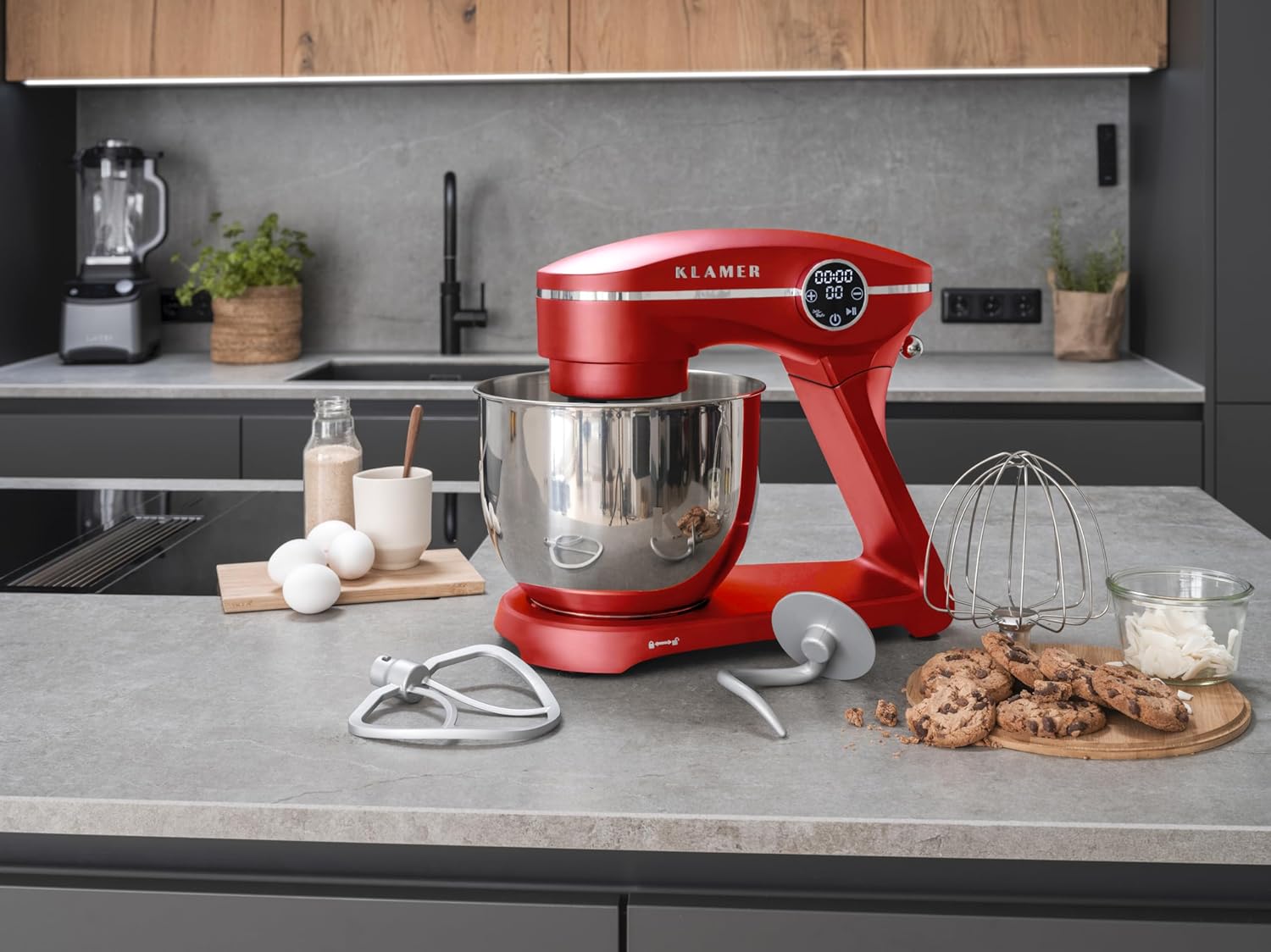KLAMER Küchenmaschine 1800W, Knetmaschine Brotteig mit Edelstahl-Rührschüssel 6 L, 10 Stufen mit Timer, Planetenrührwerk, Rührbesen, Knethaken, Schneebesen & Sichtdeckel (schwarz)